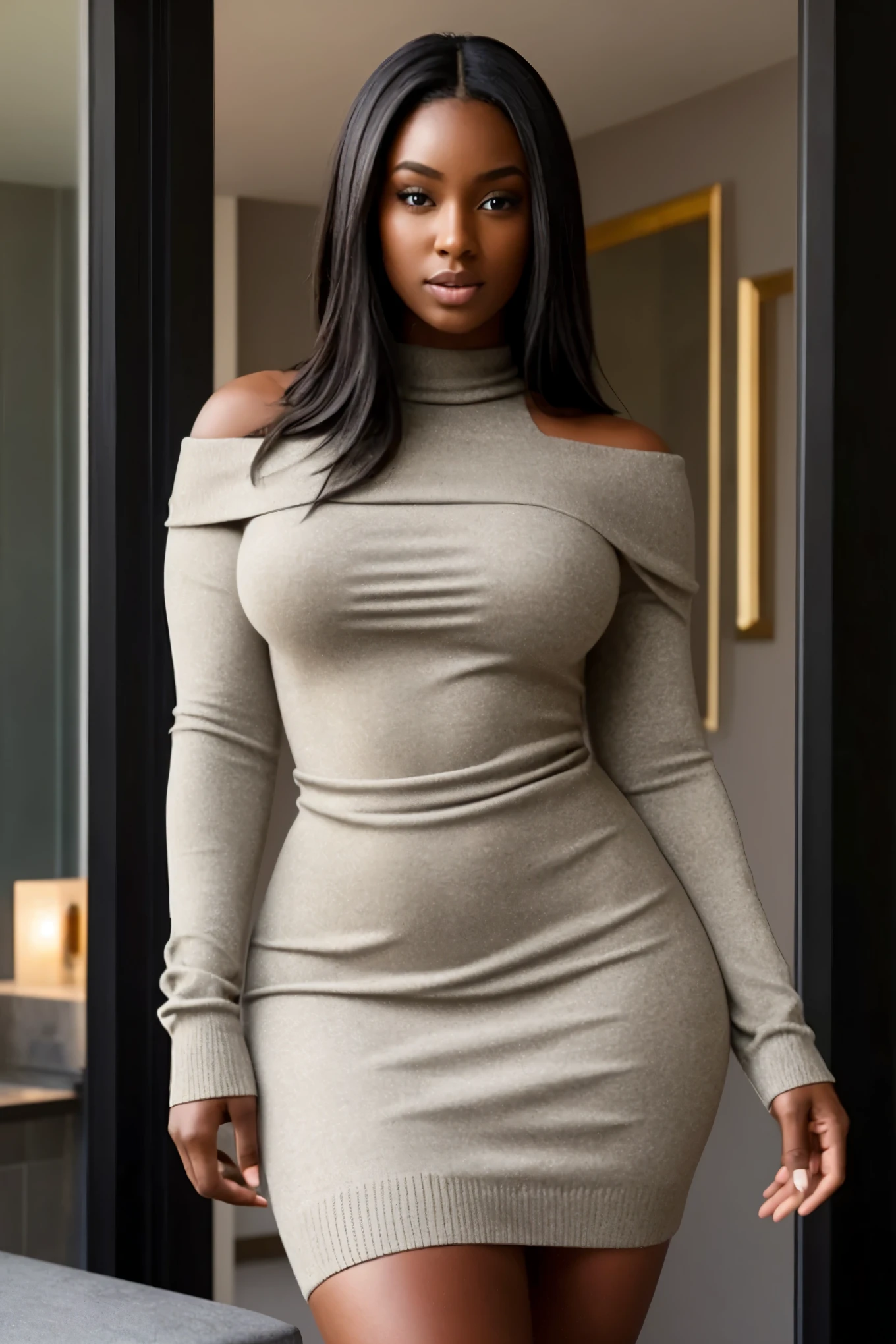 A gorgeous Woman, dressed in a sweater dress, 8k resolution, 70 mm lens. The dark-skinned woman exudes an immensely wide physique, with hips that seem impossibly wide, shapely and powerful legs, and thighs that are thick and strong. Her shoulders are tiny and delicate in comparison, revealing ripped abs. Her short, dark hair cascades down her shoulders, framing her pretty face.