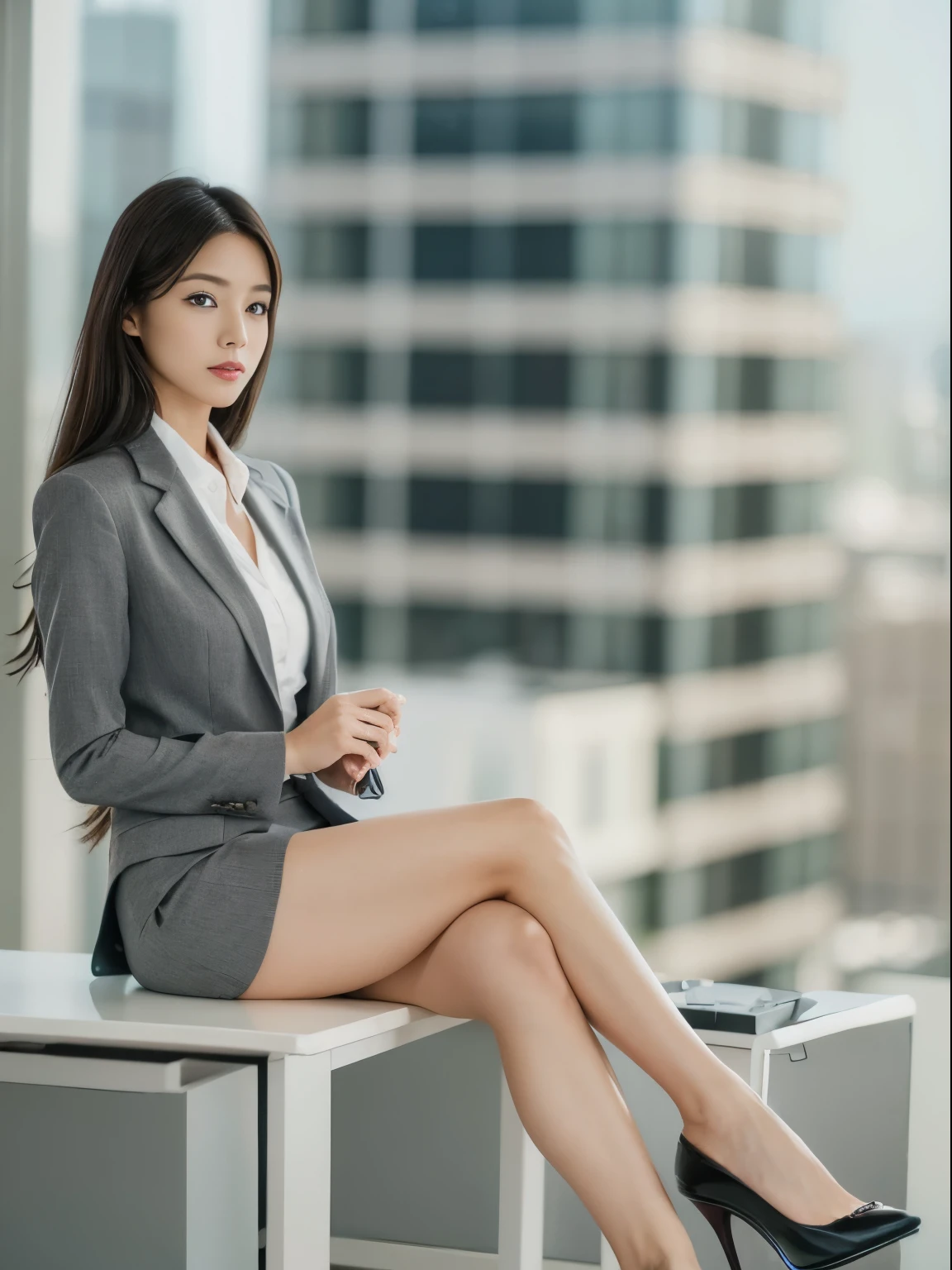 japanese woman、black long hair、hair with volume、beautiful face、double eyelid、suit、micro miniskirt、beautiful feet、long legs、Office Lady、barefoot、thighs、、tall、stiletto heelodel pose、height 180cm、cross your legs、
