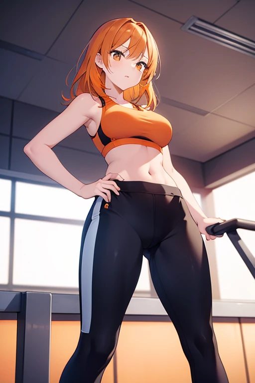 A beautiful woman with straight orange hair dressed in a sports bra and tight black sports pants