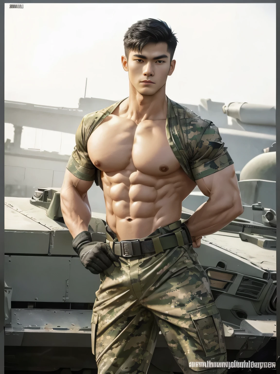 Arav man in camouflage clothing holding a belt，wearing gloves, torn, [ Definitely defined abs ]!!, [ Strictly defined abs ]!!, Have abdominal muscles, Korean male, Asian men, majestic, Perfect military calm, attractive body, topless :: high detail, perfect body, Strong masculine characteristics, Rugged Soldier, 8 packs