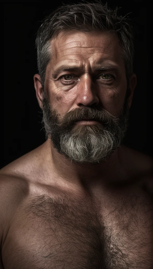 "Capture an 8K, hyperrealistic portrait of a man around 50 years old. He has very short military-style fade haircut, with a rugged beard that gives off a lumberjack vibe. His piercing green eyes gaze directly at the viewer. The scene shows the man from the chest up, revealing his heavily hairy chest and the top of his stomach, showcasing a chubby physique. He is shirtless against a deep black background, with a chiaroscuro lighting effect casting dramatic shadows on one side of his face and body. The image should focus on the intricate details of his facial features, beard texture, and chest hair, rendered in the hiperrealista style. Drawing inspiration from Greg Rutkowski's photography, emphasize the contrast between light and shadow, creating a powerful and intimate portrait of this rugged man."