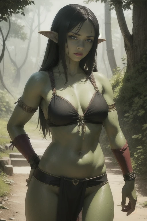 Extremely realistic shading, masterpiece, extremely detailed, photorealistic, Overgrown hell life, goblin girl Vunxia, cracked skin, green skin, black veins, tribal cloth, loincloth,