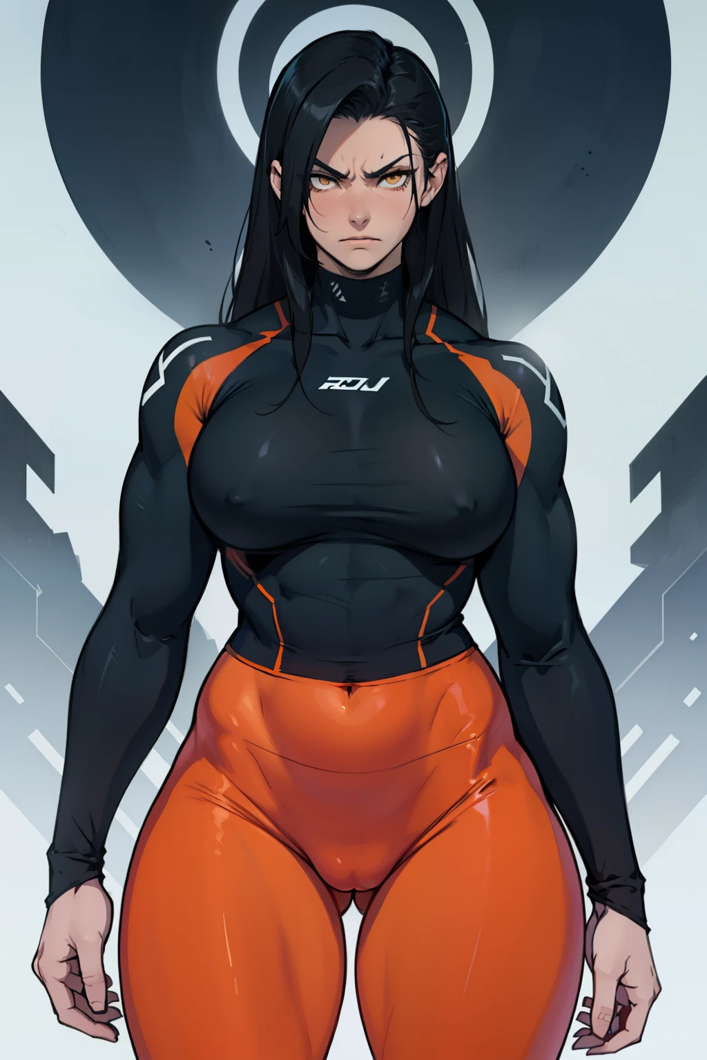 girl muscular toned body huge breasts thick thighs very long hair black hair yellow eyes solo angry best quality perfect anatomy good composition sad pale skin leggings long sleeve