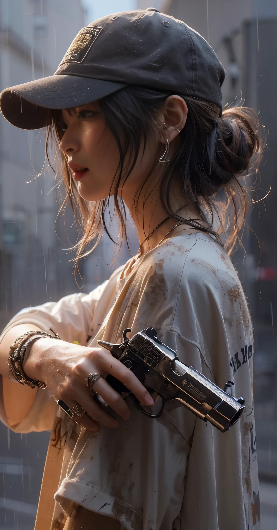 ８K,realistic photo、realistic skin texture、A beautiful Japanese woman living in America＆He turns around holding a Wesson M442 compact revolver.、Dirty and torn oversizedＴshirt、baseball cap、Dirty high-top Vans sneakers、Holding a skateboard in one hand、It's raining and your clothes are wet、A town in chaos、face、moving action pose、cool composition、