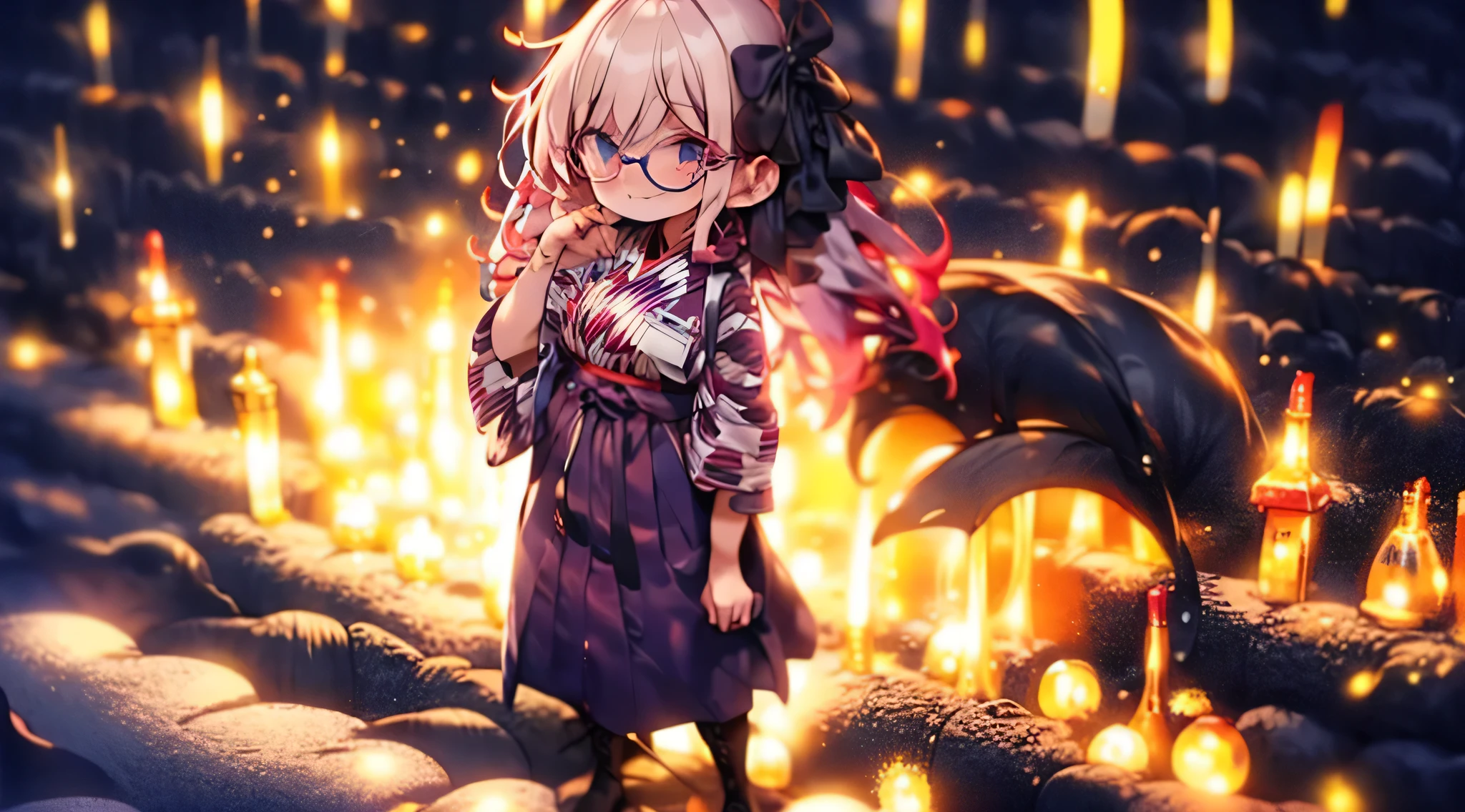 masterpiece、highest quality、1girl , solo , huge breasts、deep cleavage、light green hair、ponytail、fox ears、brightly colored eyes、blue eyes、black glasses、green kimono、light purple long hakama、brown leather jacket、leather boots、flashy necklace、charm、Wet、face turns red, very sweaty, dynamic pose、standing、ryokan