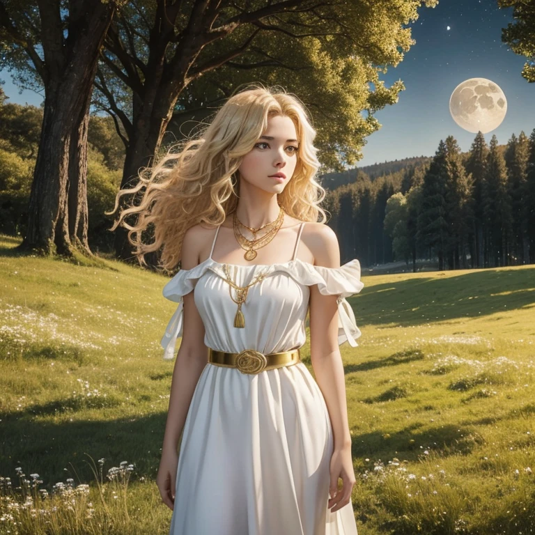 A 20-year-old girl with curly blonde hair in a white dress with gold decoration, a gold belt and a moon-shaped gold necklace looking straight at the viewer on a meadow background with trees standing