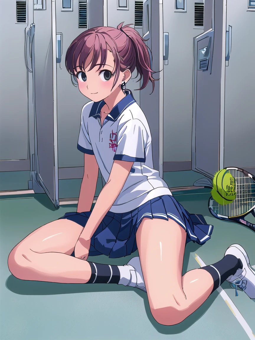 highest quality, ultra high resolution, (realistic: ),(A  wearing white tennis wear２people々))(((Please open your legs a little)))full body portrait,locker room、Change of clothes,loose socks、embroidered panties、Embroidered bra、ponytail、earrings.pleated skirt