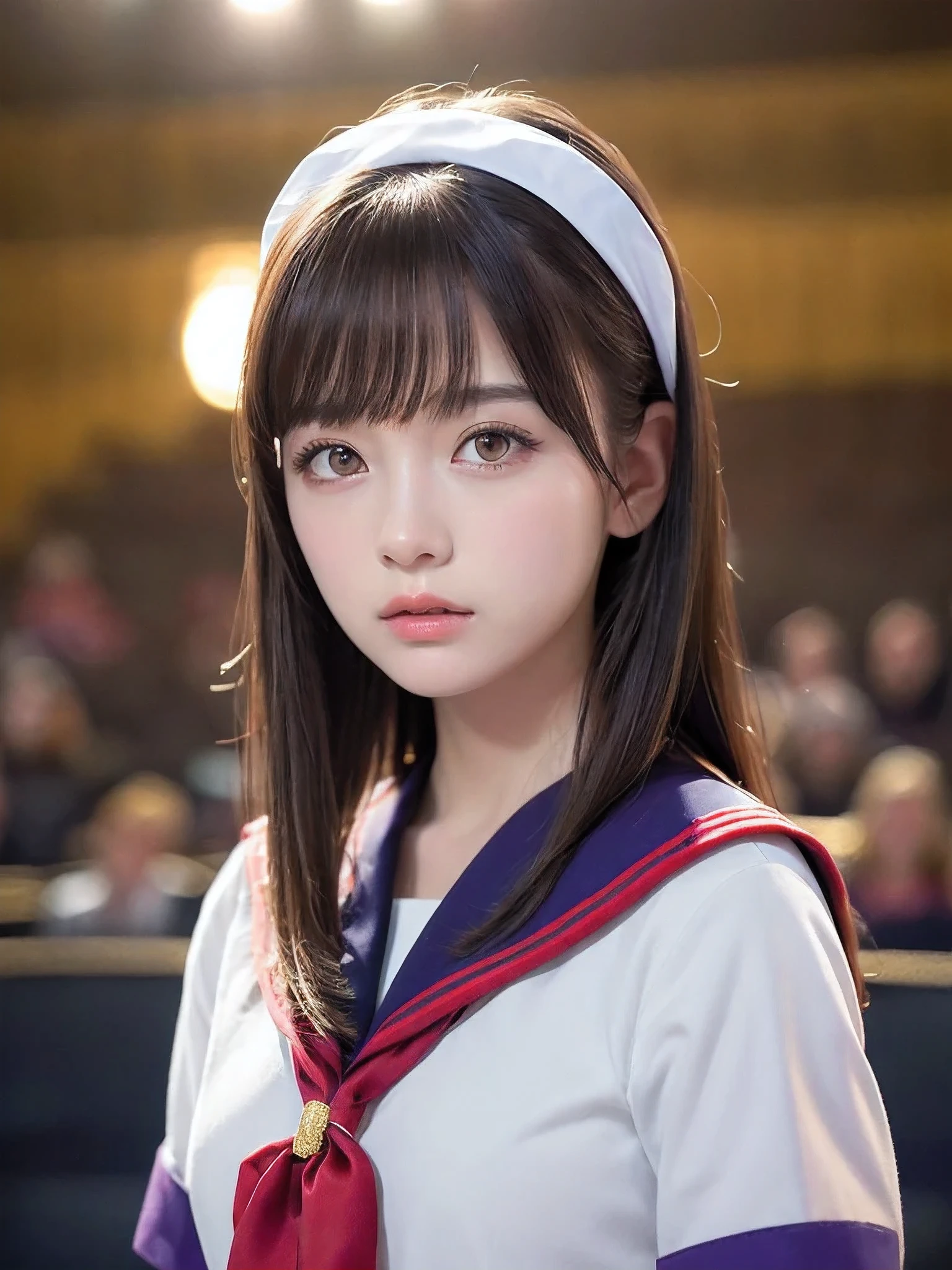 White base with purple-red sailor suit、tulle skirt、23 years old, perform on stage, concert photos, cute core、(bob hair)、(((watching the audience)))、ribbon on head、（Natural and detailed face standing、beautiful and detailed eyes、beautiful and dense lips、very detailed eyes、detailed face、long eyelashes）（8K resolution）、High resolution、masterpiece：1.2 )、Super detailed、(real、photorealistic、photorealistic: 1.37)、8K、fantastic lighting、bright colors、standing position