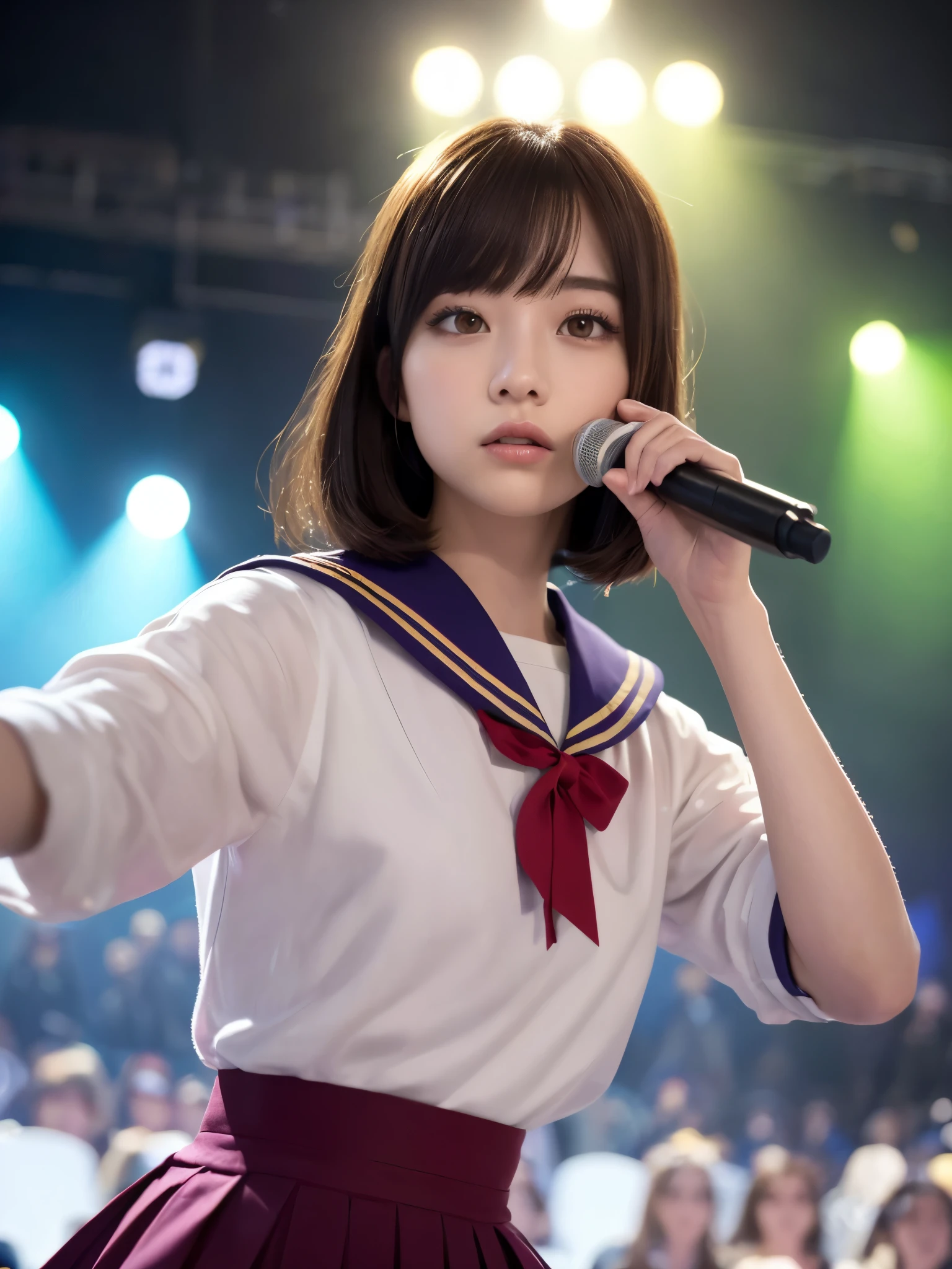 White base with purple-red sailor suit、tulle skirt、23 years old, perform on stage, concert photos, cute core、(bob hair)、(((watching the audience)))、ribbon on head、（自然でdetailed face立ち、beautiful and detailed eyes、beautiful and dense lips、very detailed eyes、detailed face、long eyelashes）（8K resolution）、High resolution、masterpiece：1.2 )、Super detailed、(real、photorealistic、photorealistic: 1.37)、8K、fantastic lighting、bright colors、standing position