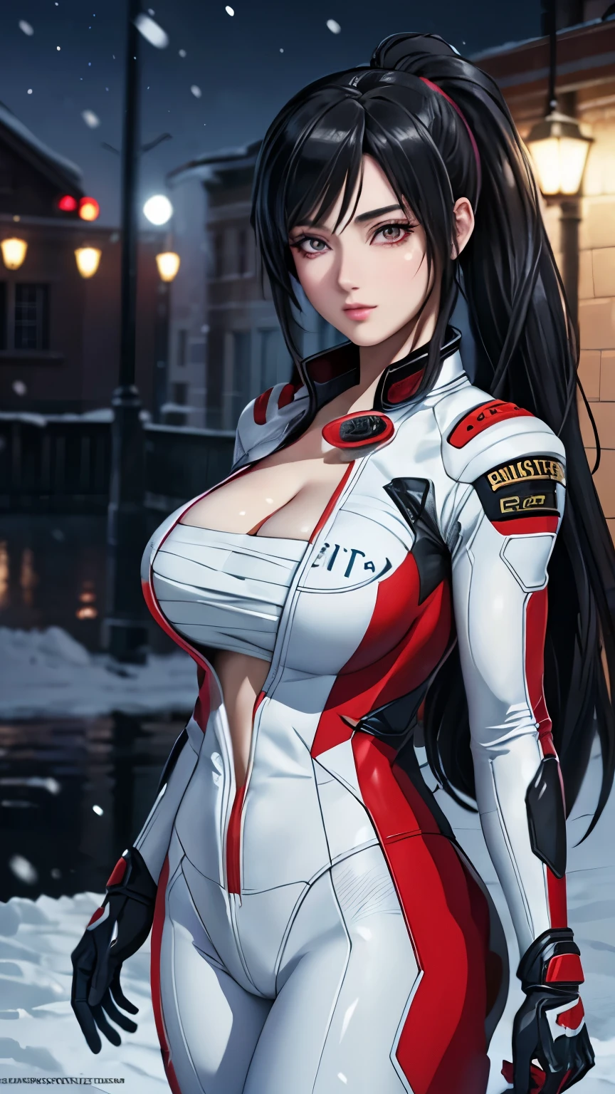 red eyes, (highest quality, masterpiece painting:1.3), immature woman, , (half body shot), masterpiece, ultra high resolution, (Photoreal:1.0), black hair, ponytail, straight hair, beautiful shining hair, white and shining skin, ((Ultra realistic details)), octane rendering, highly detailed face, (big breasts:0.8), complete pilotsuit, adjusted pilotsuit, (red pilotsuit),cleavage, perfect body, soft skin, anime face, perfect face, perfect eyes, looking at the viewer, smart, snow scene, ((snow falling)), ((fantastic night)), ((outdoors)), sharp focus, intricate details, professional artwork, (bright colors:1.1), bright colors, diffused lighting, digital blending, ultra-definition body, ultra detail hair, super detailed face, that&#39;It&#39;s trending on pixiv, top button open, Cute gaze, compensate, perfect lips, perfect compensate, Ultra-precision coating,  (glare :1.0)