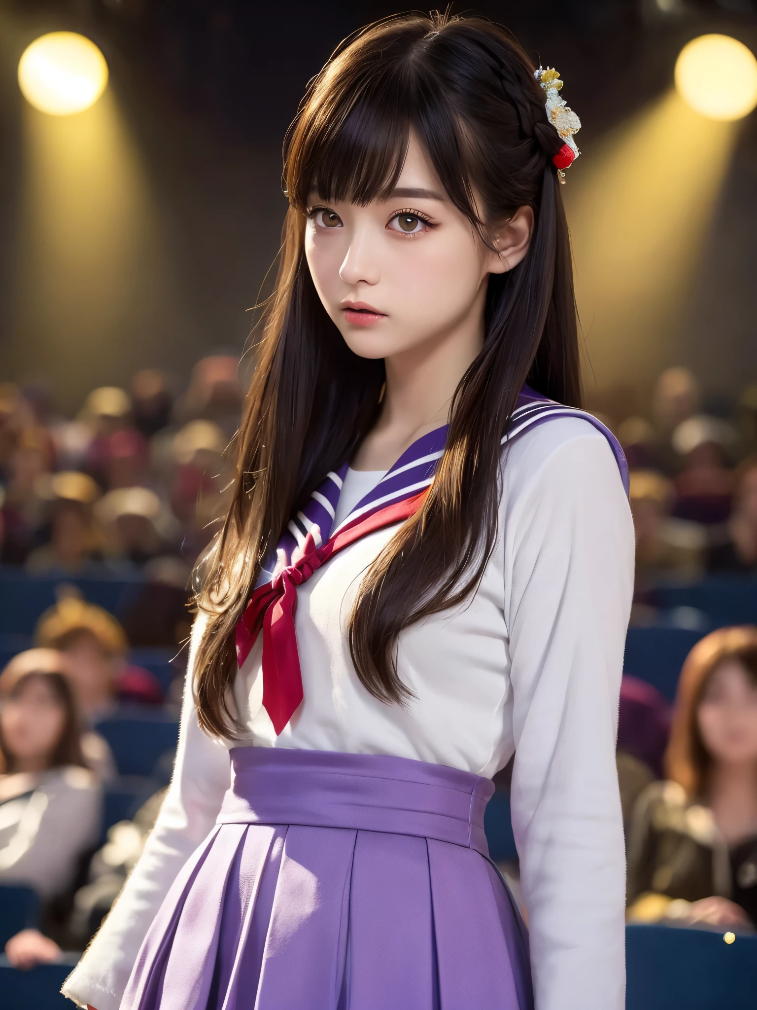 White base with purple-red sailor suit、tulle skirt、23 years old, perform on stage, concert photos, cute core、(bob hair)、(((watching the audience)))、ribbon on head、（自然でdetailed face立ち、beautiful and detailed eyes、beautiful and dense lips、very detailed eyes、detailed face、long eyelashes）（8K resolution）、High resolution、masterpiece：1.2 )、Super detailed、(real、photorealistic、photorealistic: 1.37)、8K、fantastic lighting、bright colors、standing position