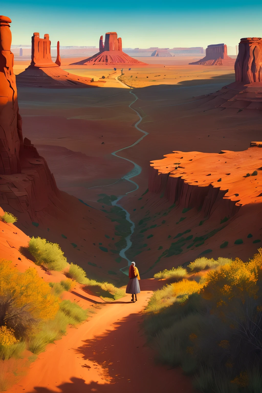 Amidst a vibrant and epic landscape, a colorful expanse unfolds before you. A meadow teeming with life, bursting with an array of blooming flowers, stretches out beneath towering trees. The trees, dressed in their autumn finery, cast soft, dappled shadows on the meadow floor. The sunlight filters through the leaves, creating a flat lighting effect that enhances the three-dimensional rendering of the scene. Monument Valley, with its distinctive, red rock formations, serves as the epic backdrop to this serene and picturesque tableau.