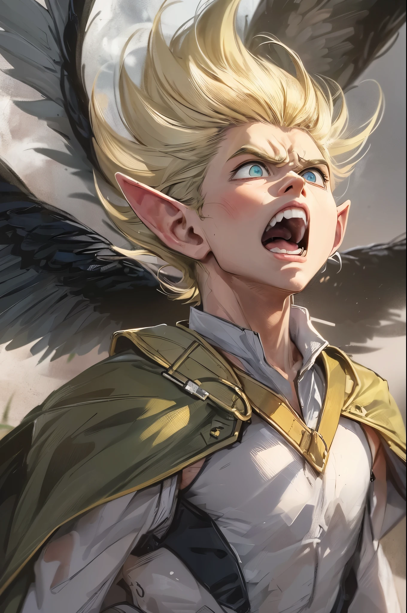 (master piece), 8k, best quality, panoramic view, elf boy, male, ager, 14 yite skin, thin body, pointed elf ears, high forehead, spiky yellow blonde hair like Gohan from the anime dragon ball ( super sayajin), conservative elven clothing, carried on its paws by a giant vulture, screaming in fear.