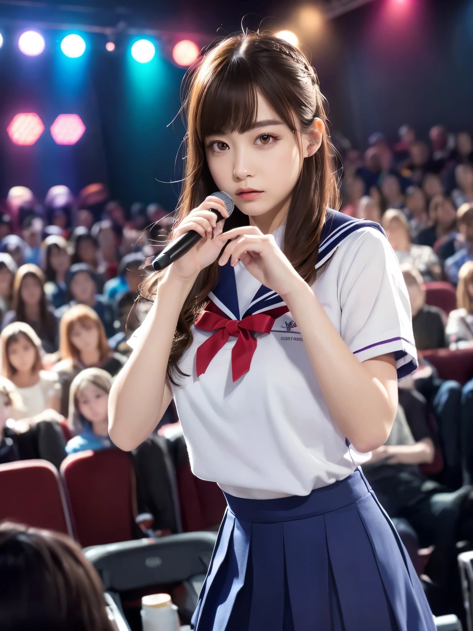 White base with purple-red sailor suit、tulle skirt、23 years old, perform on stage, concert photos, cute core、(bob hair)、(((watching the audience)))、ribbon on head、(自然でdetailed face立ち、beautiful and detailed eyes、beautiful and dense lips、very detailed eyes、detailed face、long eyelashes)(8K resolution)、High resolution、masterpiece:1.2 )、Super detailed、(real、photorealistic、photorealistic: 1.37)、8K、fantastic lighting、bright colors、standing position