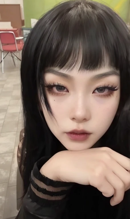 a close up of a woman with a black hair and a black top, piercing stare, belle delphine, hyper realistic anime, cruel korean goth girl, ahegao face, detailed face of a asian girl, anime vibes, anime girl in real life, with long hair and piercing eyes, she has black hair with bangs, 1 7 - year - old goth girl