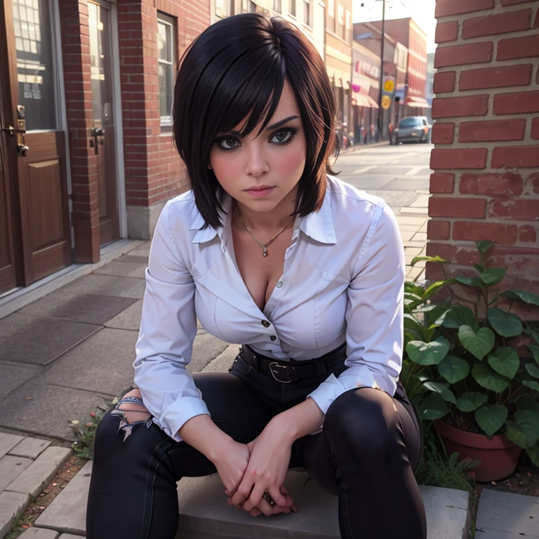 Masterpiece, best quality, detailed face, woman, black hair, emo clothes, ripped black jeans, leaning on a brick wall arms crossed, big breasted, looking at viewer, neutral face