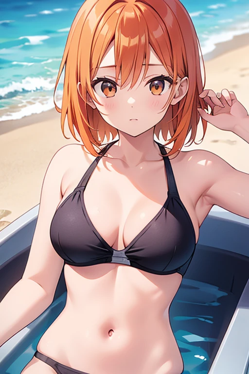 a beautiful orange haired woman wearing a 2 piece swimsuit with a black bra
