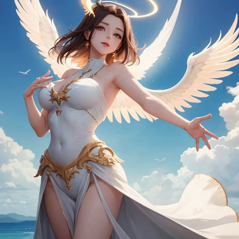 Cute Devil、25 year old female、floating in the sky, look down the ground、perfect face、perfect style、There are two antennae on the head、Thin tail on butt、I can see the whole body、It has two large wings on its back.、Her big ass is facing you