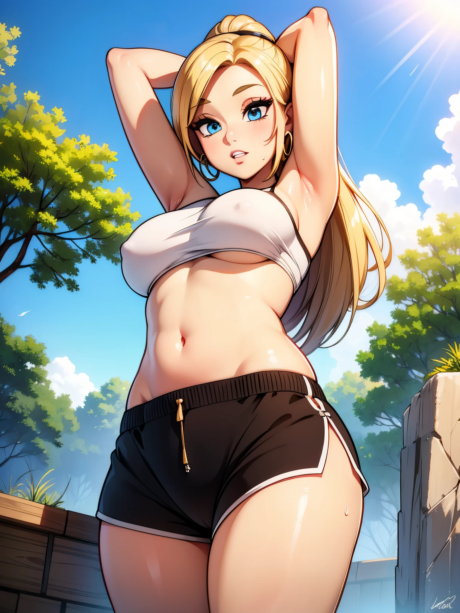 looking away,1girl,arms behind head,arms up,blonde hair,breasts,curvy,earrings,evening,eyelashes,eyeshadow,from below,hoop earrings,huge breasts,jewelry,jogging,long hair,makeup,navel,outdoors,parted lips,ponytail,shiny skin,short shorts,shorts,sidelocks,signature,sky,steam,steaming body,stomach,sweat,tree,underboob,wide hips