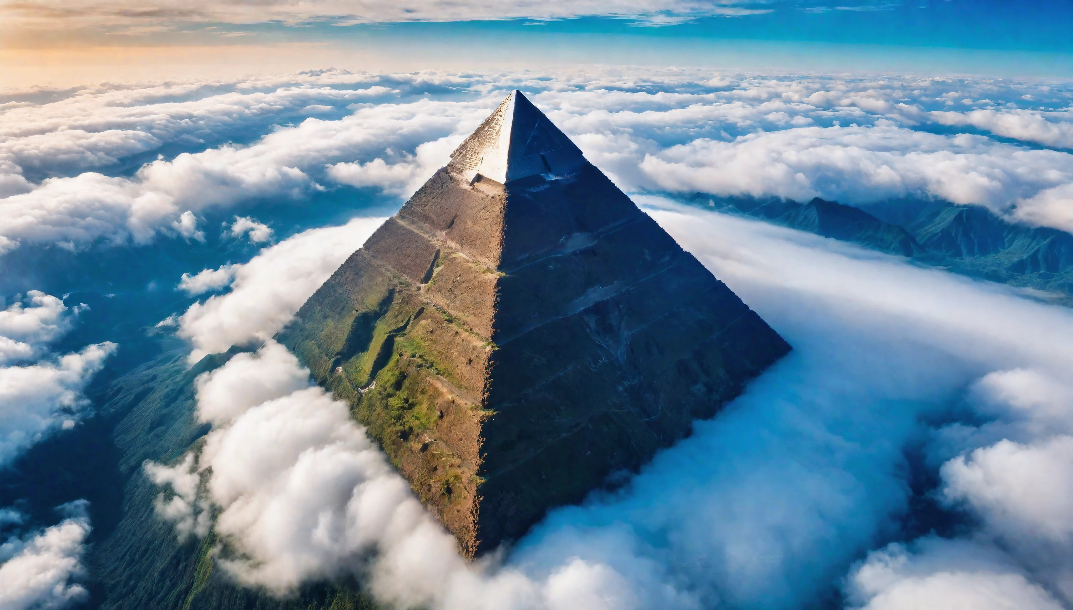 Aerial view of Giant Pyramid Mountain towering above the cloud, natural lights, symmetric pyramid, (ultra wide angle:1.5), fisheye lens photo, ((Aerial view):1.2), ((sense of extreme height):1.1), highly detailed cloud and sky at background, (tyndall effect), Coexistence with the surrounding environment, extremely detailed cloud and sky background, wild landscape, beautiful landscape, extremely detailed, depth of field, best quality, masterpiece, high resolution, Hyperrealistic, 8K, top-view, high angle view, BlueColor Palette. Rendered in ultra-high definition with UHD and retina quality, this masterpiece ensures super detail. With a focus on high quality and accuracy, this award-winning portrayal captures every nuance in stunning 16k resolution, immersing viewers in its lifelike depiction. Avoid extreme angles or exaggerated expressions to maintain realism. ((perfect_composition, perfect_design, perfect_layout, perfect_detail, ultra_detailed)), ((enhance_all, fix_everything)), More Detail, Enhance.