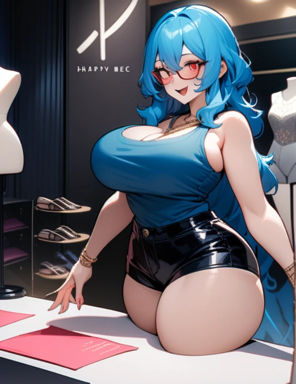 (masterpiece), best quality, expressive eyes, perfect mannequin succubus girl hybrid face, long cyan and blue hair, reddish red eyes, glasses, happy, navy blue tank top, gold necklace between her breasts, black sports mini shorts, perfect mega big breasts, thick thighs, perfect big ass, boutique ,transforming into plastic mannequin, nfsw