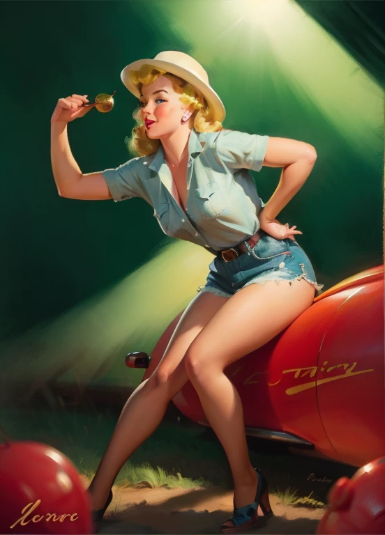 20 years old  farmer Girl, farmer clothing, farmer hat medium breast, shining skin, dramatic lighting, pin up style, sexy, surprised, , colorful , masterpieces, illustrated, shining skin, detailed face, Medium breast. tight body. blonde hair, Illustrated BY Zoe Mozert,   pinup art byZoe Mozert,  vintage pin up, illustrated by Zoe Mozert, girl pinup, pinup girl, pin-up poster girl, pin up girl, pinup, pin - up girl, Detailed face, Detailed Hands, Detailed legs,