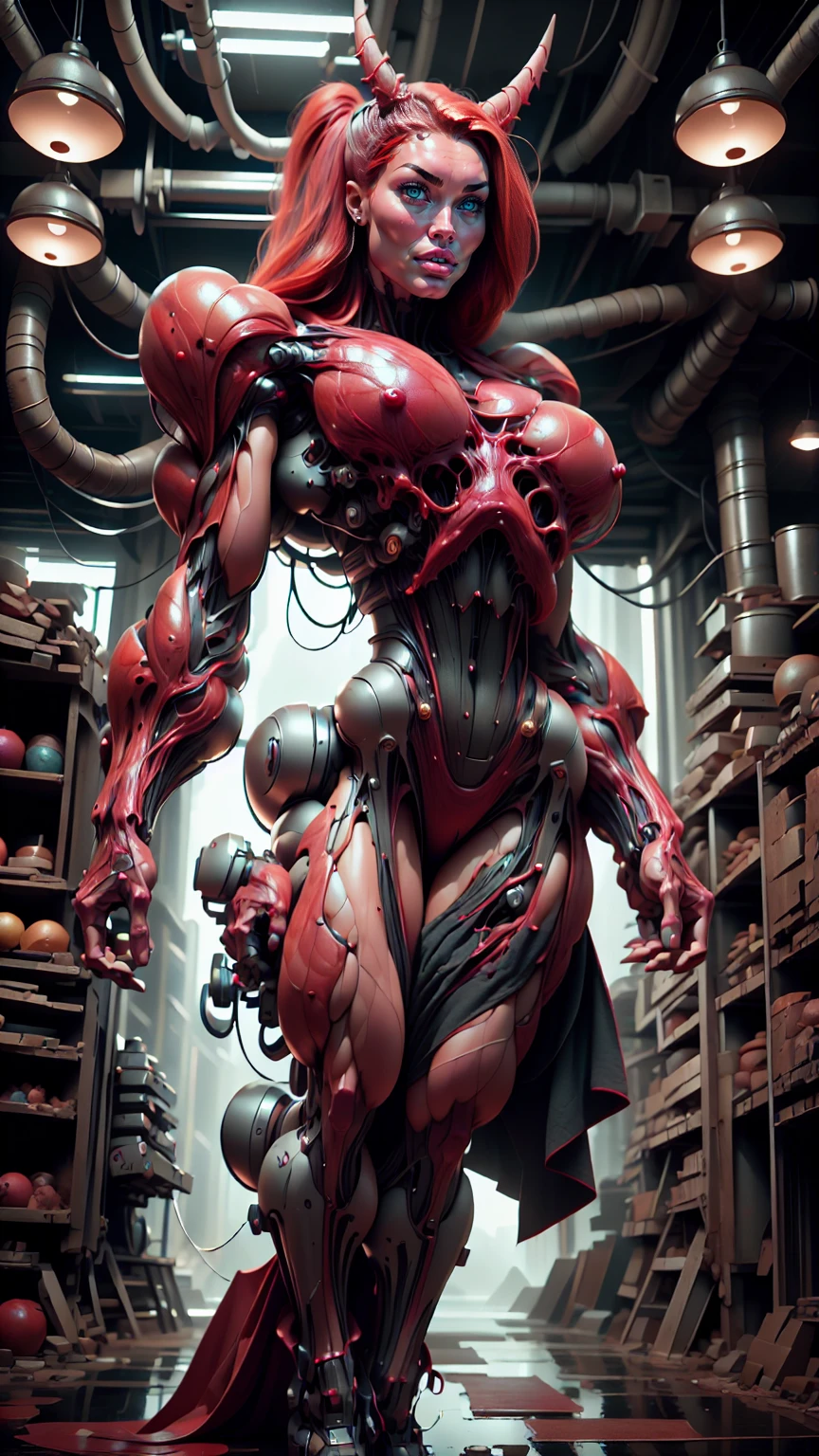 Cinematic, clear facial features and insanely detailed, the image captures the essence of (1 girl), (megan fox:1.25), (long red hair), (carnage skinless physique:1.25), (1 super muscular undead skinless succubus with gigantic horns:1.25), (covered in red necrotic rotting skinless muscle:1.25), (exposed muscles & veins everywhere:1.25), (perfect fingers:1.25) (full body pose:1.25). The color grading is beautifully done, enhancing the overall cinematic feel. Unreal Engine makes her appearance even more mesmerizing. With depth of field (DOF), every detail is focused and accentuated, drawing attention to her eyes and hair. Peak image resolution utilizing super-resolution technology ensures pixel perfection. Cinematic lighting enhances her aura, while anti-aliasing techniques like FXAA and TXAA keep the edges smooth and clean. Adding realism to the muscular bio-mecha succubus , RTX technology enables ray tracing. Additionally, SSAO (Screen Space Ambient Occlusion) gives depth and realism to the scene, the girl's presence even more convincing. In the post-processing and post-production stages, tone mapping enhances the colors, creating a captivating visual experience. The integration of CGI (Computer-Generated Imagery) and VFX (Visual Effects brings out her demonic features seamlessly . Incredible level of detail, with intricate elements meticulously crafted, the artwork hyper maximalist and hyper-realistic. Volumetric effects add depth and dimension, with unparalleled photorealism. 8k resolution rendering ensures super detailed visuals. The volumetric lighting adds a touch of magic, highlighting her beauty and aura in an otherworldly way. High Dynamic Range (HDR) tech makes the colors pop, adding richness to the overall composition. Ultimately, this artwork presents an unreal, yet stunningly real portrayal of an incredibly beautiful bio-mecha succubus girl. The sharp focus ensures that every feature is crisply defined, creating a captivating presence.