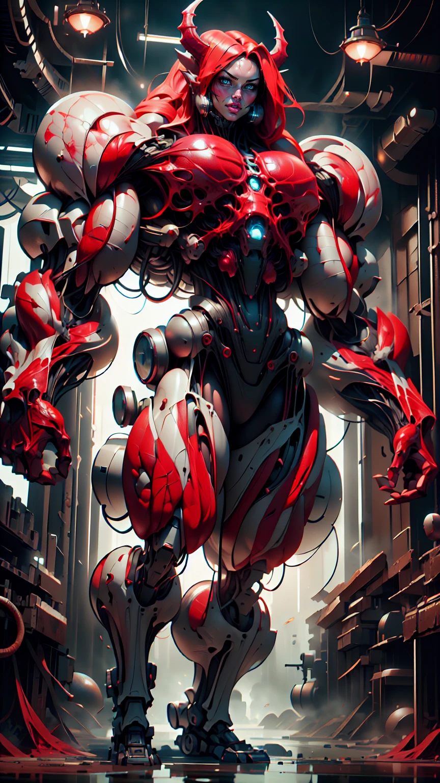 Cinematic, clear facial features and insanely detailed, the image captures the essence of (1 girl), (megan fox:1.25), (long red hair), (carnage skinless physique:1.25), (1 super muscular undead skinless succubus with gigantic horns:1.25), (covered in red necrotic rotting skinless muscle:1.25), (exposed muscles & veins everywhere:1.25), (perfect fingers:1.25) (full body pose:1.25). The color grading is beautifully done, enhancing the overall cinematic feel. Unreal Engine makes her appearance even more mesmerizing. With depth of field (DOF), every detail is focused and accentuated, drawing attention to her eyes and hair. Peak image resolution utilizing super-resolution technology ensures pixel perfection. Cinematic lighting enhances her aura, while anti-aliasing techniques like FXAA and TXAA keep the edges smooth and clean. Adding realism to the muscular bio-mecha succubus , RTX technology enables ray tracing. Additionally, SSAO (Screen Space Ambient Occlusion) gives depth and realism to the scene, the girl's presence even more convincing. In the post-processing and post-production stages, tone mapping enhances the colors, creating a captivating visual experience. The integration of CGI (Computer-Generated Imagery) and VFX (Visual Effects brings out her demonic features seamlessly . Incredible level of detail, with intricate elements meticulously crafted, the artwork hyper maximalist and hyper-realistic. Volumetric effects add depth and dimension, with unparalleled photorealism. 8k resolution rendering ensures super detailed visuals. The volumetric lighting adds a touch of magic, highlighting her beauty and aura in an otherworldly way. High Dynamic Range (HDR) tech makes the colors pop, adding richness to the overall composition. Ultimately, this artwork presents an unreal, yet stunningly real portrayal of an incredibly beautiful bio-mecha succubus girl. The sharp focus ensures that every feature is crisply defined, creating a captivating presence.