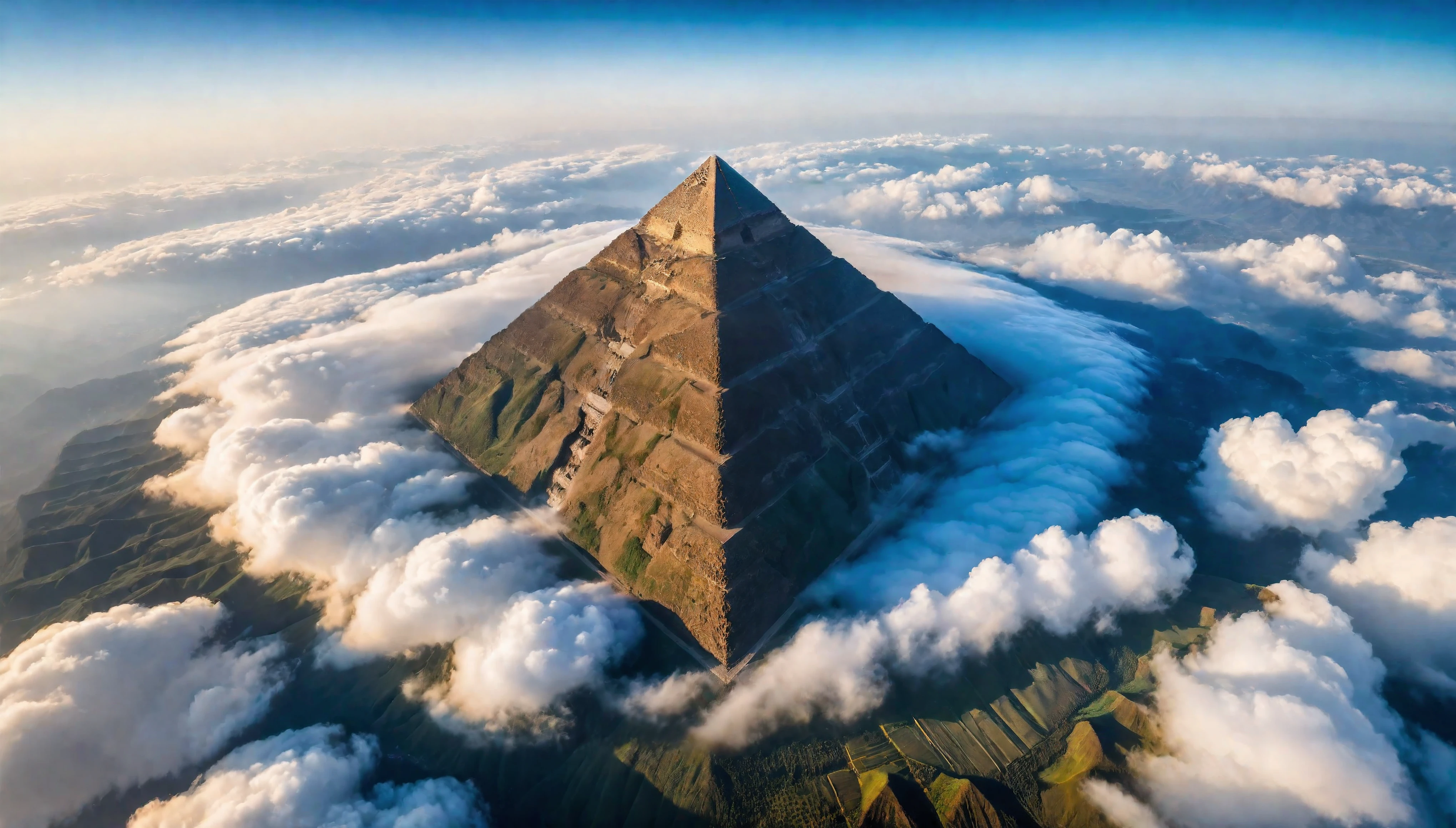 Aerial view of Giant Pyramid Mountain towering above the cloud, natural lights, symmetric pyramid, (ultra wide angle:1.5), fisheye lens photo, ((Aerial view):1.2), ((sense of extreme height):1.1), highly detailed cloud and sky at background, (tyndall effect), Coexistence with the surrounding environment, extremely detailed cloud and sky background, wild landscape, beautiful landscape, extremely detailed, depth of field, best quality, masterpiece, high resolution, Hyperrealistic, 8K, top-view, high angle view, BlueColor Palette. Rendered in ultra-high definition with UHD and retina quality, this masterpiece ensures super detail. With a focus on high quality and accuracy, this award-winning portrayal captures every nuance in stunning 16k resolution, immersing viewers in its lifelike depiction. Avoid extreme angles or exaggerated expressions to maintain realism. ((perfect_composition, perfect_design, perfect_layout, perfect_detail, ultra_detailed)), ((enhance_all, fix_everything)), More Detail, Enhance.