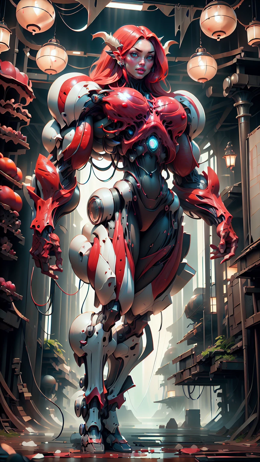 Cinematic, clear facial features and insanely detailed, the image captures the essence of (1 girl), (megan fox:1.25), (long red hair), (carnage skinless physique:1.25), (1 super muscular undead skinless succubus with gigantic horns:1.25), (covered in red necrotic rotting skinless muscle:1.25), (exposed muscles & veins everywhere:1.25), (perfect fingers:1.25) (full body pose:1.25). The color grading is beautifully done, enhancing the overall cinematic feel. Unreal Engine makes her appearance even more mesmerizing. With depth of field (DOF), every detail is focused and accentuated, drawing attention to her eyes and hair. Peak image resolution utilizing super-resolution technology ensures pixel perfection. Cinematic lighting enhances her aura, while anti-aliasing techniques like FXAA and TXAA keep the edges smooth and clean. Adding realism to the muscular bio-mecha succubus , RTX technology enables ray tracing. Additionally, SSAO (Screen Space Ambient Occlusion) gives depth and realism to the scene, the girl's presence even more convincing. In the post-processing and post-production stages, tone mapping enhances the colors, creating a captivating visual experience. The integration of CGI (Computer-Generated Imagery) and VFX (Visual Effects brings out her demonic features seamlessly . Incredible level of detail, with intricate elements meticulously crafted, the artwork hyper maximalist and hyper-realistic. Volumetric effects add depth and dimension, with unparalleled photorealism. 8k resolution rendering ensures super detailed visuals. The volumetric lighting adds a touch of magic, highlighting her beauty and aura in an otherworldly way. High Dynamic Range (HDR) tech makes the colors pop, adding richness to the overall composition. Ultimately, this artwork presents an unreal, yet stunningly real portrayal of an incredibly beautiful bio-mecha succubus girl. The sharp focus ensures that every feature is crisply defined, creating a captivating presence.