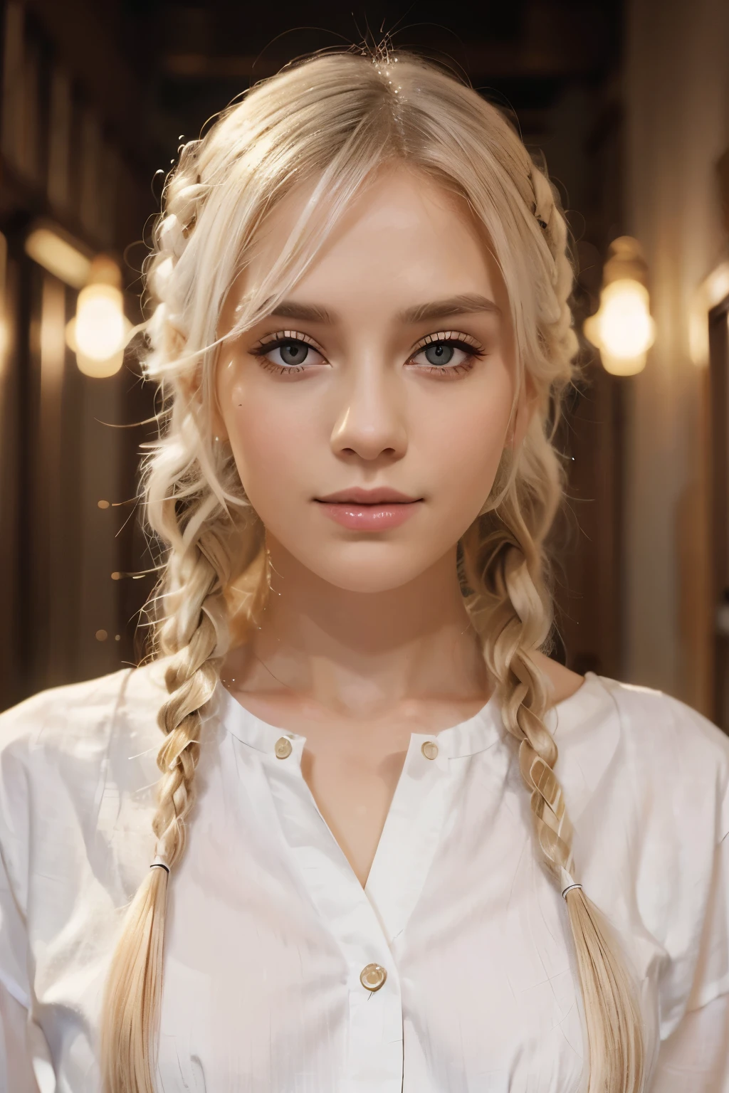 masterpiece, best quality, realistic, girl 8 yearsnde hair braids , long hair, broad shoulders, small head, upper body, (white background: 1.3), mouth closed.