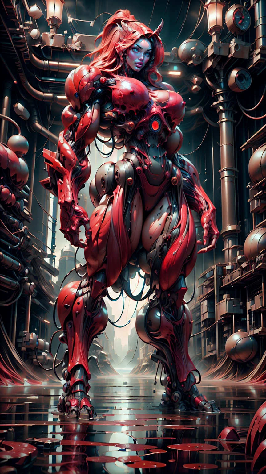 Cinematic, clear facial features and insanely detailed, the image captures the essence of (1 girl), (megan fox:1.25), (long red hair), (carnage skinless physique:1.25), (1 super muscular undead skinless succubus with gigantic horns:1.25), (covered in red necrotic rotting skinless muscle:1.25), (exposed muscles & veins everywhere:1.25), (perfect fingers:1.25) (full body pose:1.25). The color grading is beautifully done, enhancing the overall cinematic feel. Unreal Engine makes her appearance even more mesmerizing. With depth of field (DOF), every detail is focused and accentuated, drawing attention to her eyes and hair. Peak image resolution utilizing super-resolution technology ensures pixel perfection. Cinematic lighting enhances her aura, while anti-aliasing techniques like FXAA and TXAA keep the edges smooth and clean. Adding realism to the muscular bio-mecha succubus , RTX technology enables ray tracing. Additionally, SSAO (Screen Space Ambient Occlusion) gives depth and realism to the scene, the girl's presence even more convincing. In the post-processing and post-production stages, tone mapping enhances the colors, creating a captivating visual experience. The integration of CGI (Computer-Generated Imagery) and VFX (Visual Effects brings out her demonic features seamlessly . Incredible level of detail, with intricate elements meticulously crafted, the artwork hyper maximalist and hyper-realistic. Volumetric effects add depth and dimension, with unparalleled photorealism. 8k resolution rendering ensures super detailed visuals. The volumetric lighting adds a touch of magic, highlighting her beauty and aura in an otherworldly way. High Dynamic Range (HDR) tech makes the colors pop, adding richness to the overall composition. Ultimately, this artwork presents an unreal, yet stunningly real portrayal of an incredibly beautiful bio-mecha succubus girl. The sharp focus ensures that every feature is crisply defined, creating a captivating presence.