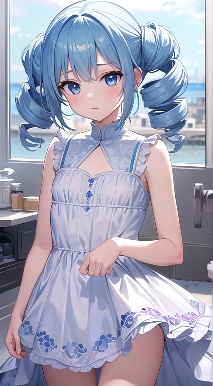 最high quality,very detailed,high quality,Extremely detailed,masterpiece,Super fine,ultra high resolution,超high quality,super delicate face,super realistic,(1 person:1.2)、woman、、light blue hair color、(Cute sky blue eyes)、(short:1.3)、flat chest 、 body shape、(twin drill hair:1.2)、An attractive girl in fluffy white pajamas captured in realistic detail。every element is perfectly expressed. pajama texture,  Highlight each delicate and attractive expression  