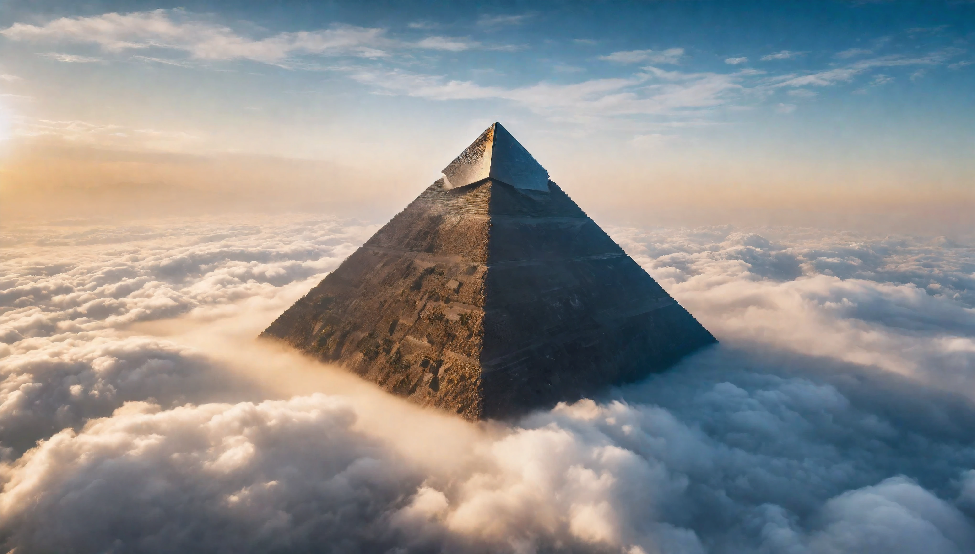 Aerial view of Giant Pyramid Mountain towering above the cloud, natural lights, symmetric pyramid, (ultra wide angle:1.5), fisheye lens photo, ((Aerial view):1.2), ((sense of extreme height):1.1), highly detailed cloud and sky at background, (tyndall effect), Coexistence with the surrounding environment, extremely detailed cloud and sky background, wild landscape, beautiful landscape, extremely detailed, depth of field, best quality, masterpiece, high resolution, Hyperrealistic, 8K, top-view, high angle view, BlueColor Palette. Rendered in ultra-high definition with UHD and retina quality, this masterpiece ensures super detail. With a focus on high quality and accuracy, this award-winning portrayal captures every nuance in stunning 16k resolution, immersing viewers in its lifelike depiction. Avoid extreme angles or exaggerated expressions to maintain realism. ((perfect_composition, perfect_design, perfect_layout, perfect_detail, ultra_detailed)), ((enhance_all, fix_everything)), More Detail, Enhance.