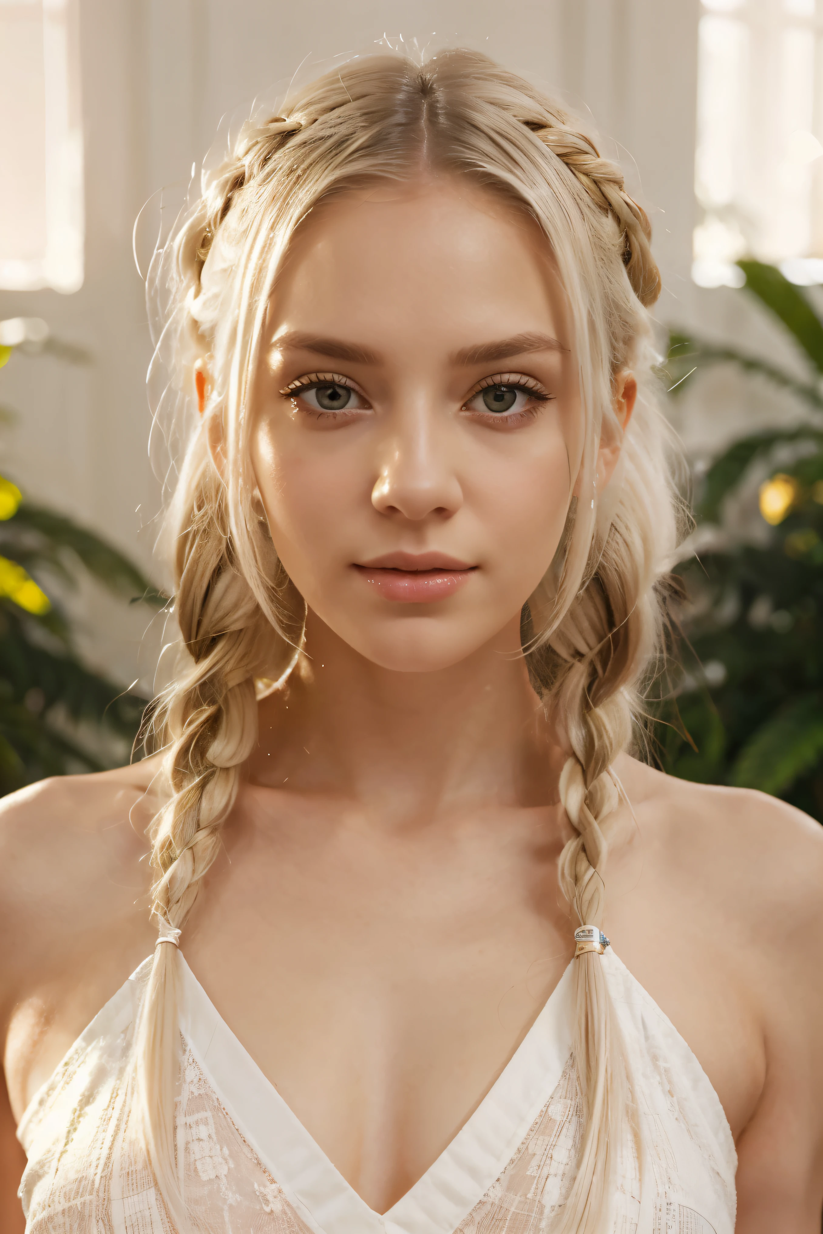 (best quality,masterpiece:1.2),white hair,golden eyes,white clothing,searching,upper body,hair strand,white skin,side braids,cuerpo completo,illustration,dreamy background,soft lighting,gentle expression,vivid colors