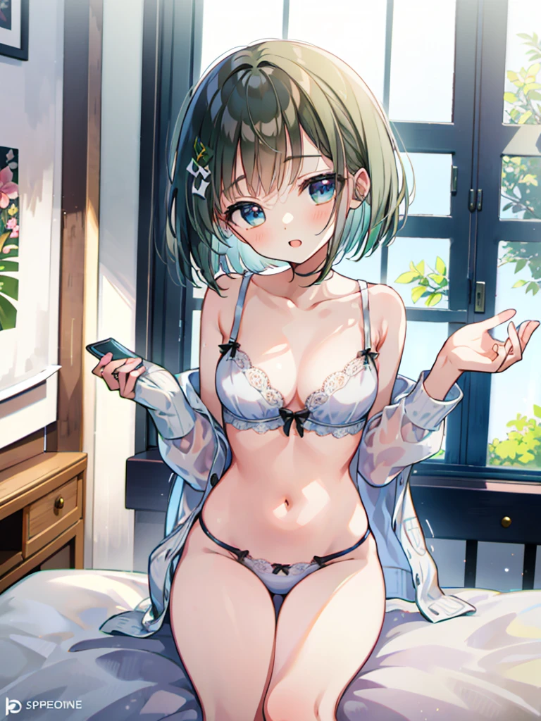 masterpiece, beautiful illustrations, highest quality, pretty girl, 1girl, Bedroom, pastel colour, (two-separated lingerie), cute lingerie, (Spring Green bob cut), bright lighting, sky-blue eyes