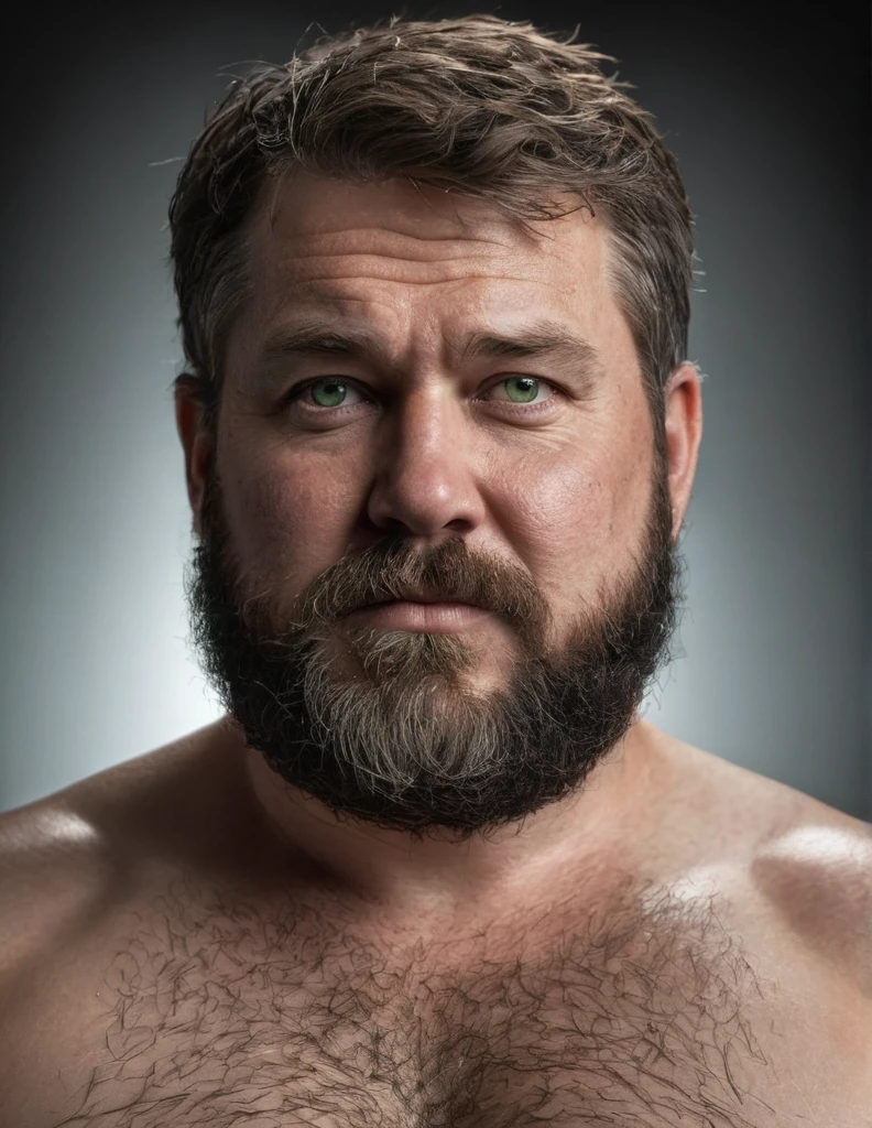 "Capture an 8K, hyperrealistic portrait of a man around 50 years old. He has very short military-style fade haircut, with a rugged beard that gives off a lumberjack vibe. His piercing green eyes gaze directly at the viewer. The scene shows the man from the chest up, revealing his heavily hairy chest and the top of his stomach, showcasing a chubby physique. He is shirtless against a deep black background, with a clear, bright studio lighting effect illuminating evenly across his face and body. The image should focus on the intricate details of his facial features, beard texture, and chest hair, rendered in the hiperrealista style. Drawing inspiration from Greg Rutkowski's photography, maintain a high level of realism while highlighting the man's rugged and natural appearance."