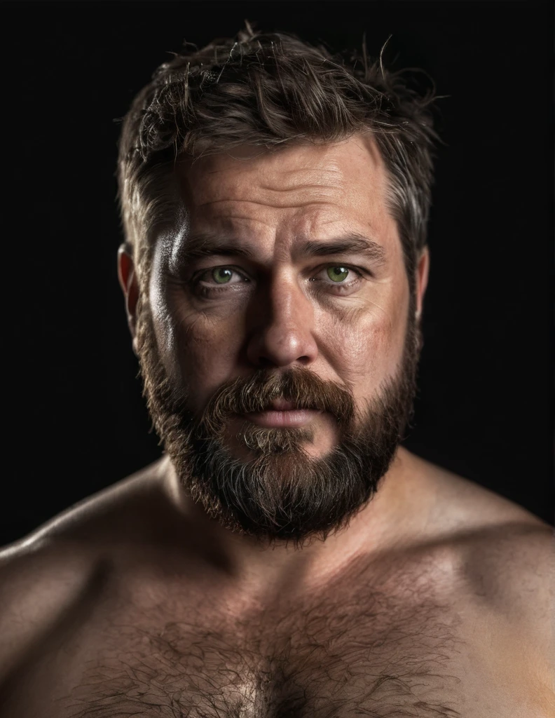 "Capture an 8K, hyperrealistic portrait of a man around 50 years old. He has very short military-style fade haircut, with a rugged beard that gives off a lumberjack vibe. His piercing green eyes gaze directly at the viewer. The scene shows the man from the chest up, revealing his heavily hairy chest and the top of his stomach, showcasing a chubby physique. He is shirtless against a deep black background, with a clear, bright studio lighting effect illuminating evenly across his face and body. The image should focus on the intricate details of his facial features, beard texture, and chest hair, rendered in the hiperrealista style. Drawing inspiration from Greg Rutkowski's photography, maintain a high level of realism while highlighting the man's rugged and natural appearance."