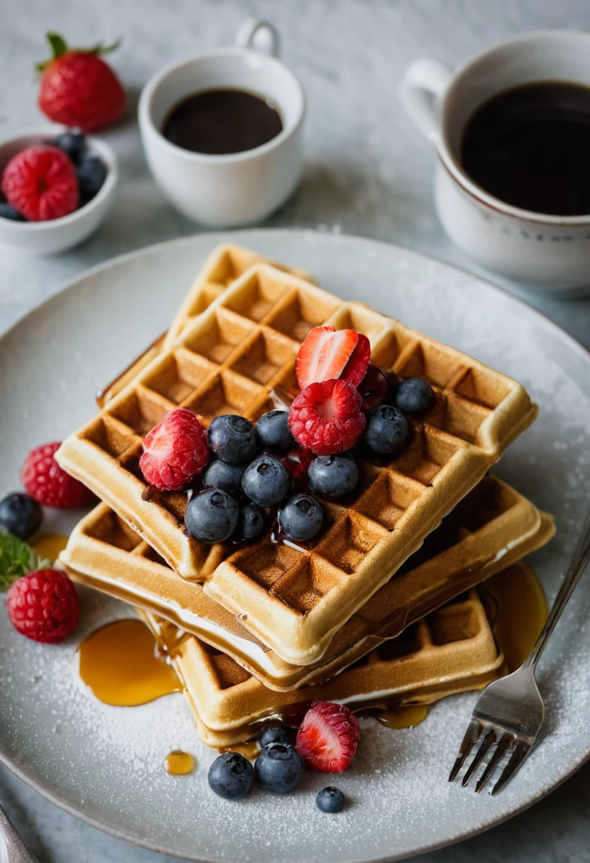 RAW photo, waffles, foodphoto, dslr, soft lighting, high quality, film grain, Fujifilm XT