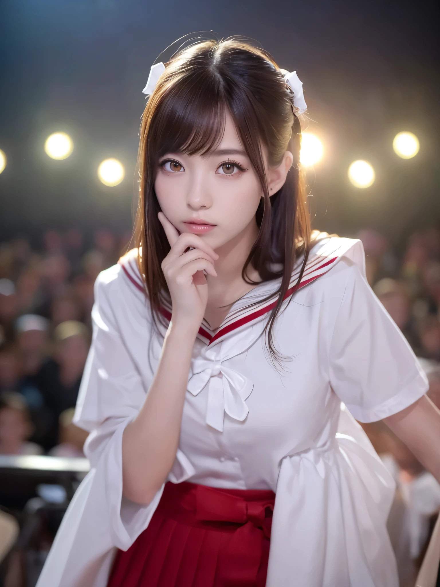 White base with purple-red sailor suit、tulle skirt、23 years old, perform on stage, concert photos, cute core、(bob hair)、(((watching the audience)))、ribbon on head、（自然でdetailed face立ち、beautiful and detailed eyes、beautiful and dense lips、very detailed eyes、detailed face、long eyelashes）（8K resolution）、High resolution、masterpiece：1.2 )、Super detailed、(real、photorealistic、photorealistic: 1.37)、8K、fantastic lighting、bright colors、standing position