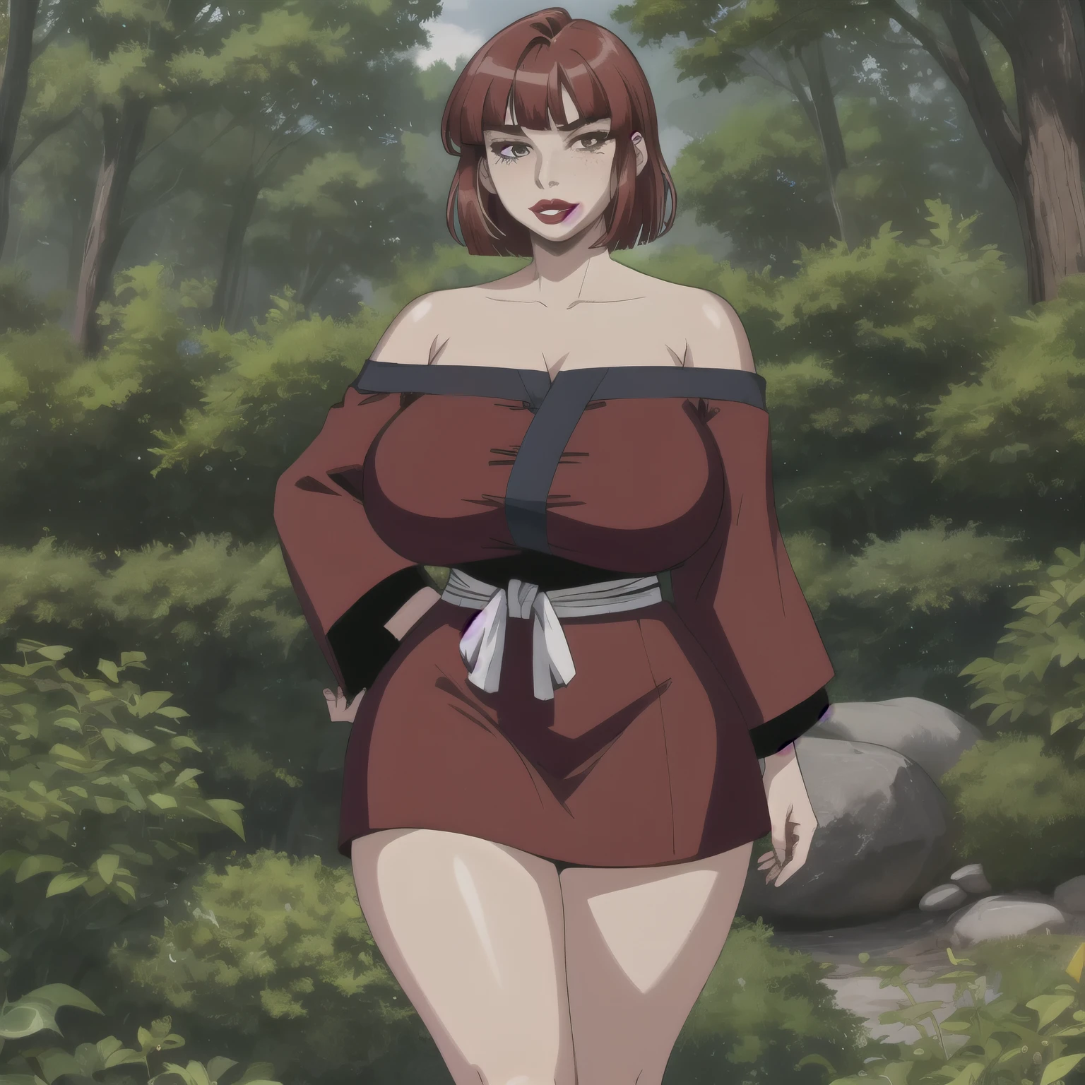 masterpiece, detailed, beautiful, 1girl, mature female, milf, (looking at viewer:1.2), blushing, black eyeliner, body facing viewer, facing viewer, full body, closed mouth, shy, tsundere, standing, outside in a forest, (red hair:1.2), bob cut, long bangs, (freckles:1.2), brown eyes, chubby, pale skin, wide waist, voluptuous hips, thick thighs, full lips, (Dark Red lipstick:1.2), massive saggy breasts, massive round ass, giant areolae, black, patterned  Japanese clothes, skirt, black sarashi, black fundoshi, off shoulder. 