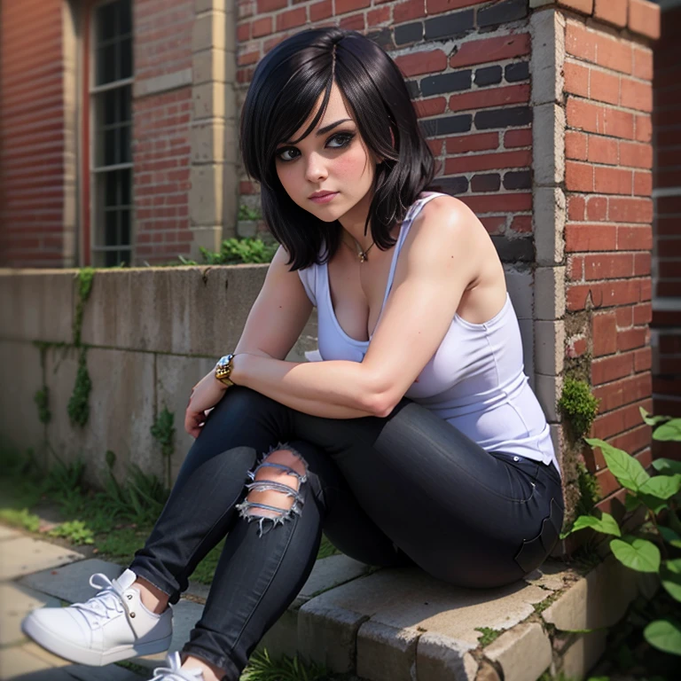 Masterpiece, best quality, detailed face, woman, black hair, emo clothes, ripped black jeans, leaning on a brick wall, arms crossed, legs crossed, big breasted, looking at viewer, neutral face