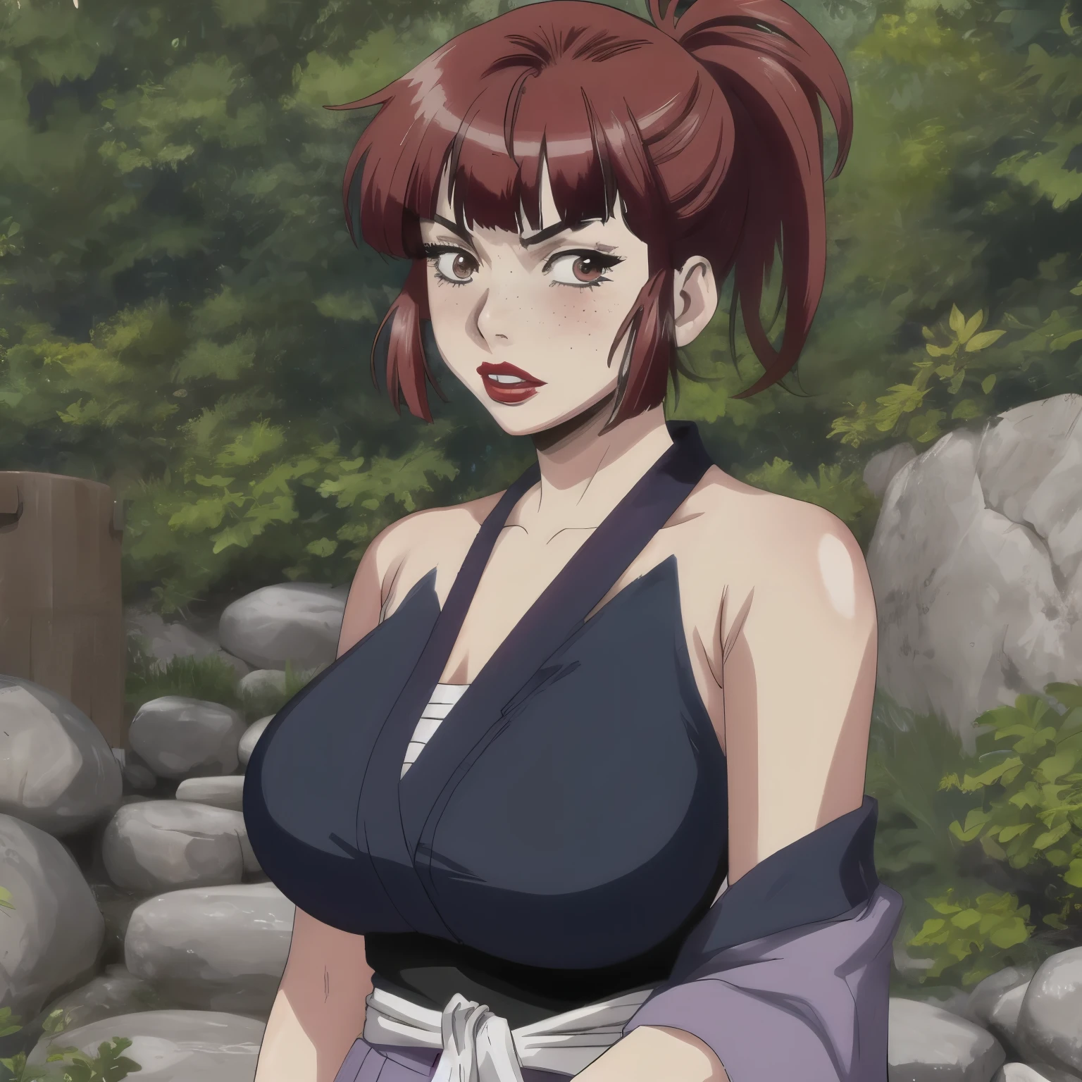 masterpiece, detailed, beautiful, 1girl, mature female, milf, (looking at viewer:1.2), blushing, black eyeliner, body facing viewer, facing viewer, full body, closed mouth, shy, tsundere, standing, outside in a forest, (red hair:1.2), bob cut, long bangs, (freckles:1.2), brown eyes, chubby, pale skin, wide waist, voluptuous hips, thick thighs, full lips, (Dark Red lipstick:1.2), massive saggy breasts, massive round ass, giant areolae, black, patterned Japanese clothes, skirt, black sarashi, black fundoshi, off shoulder.