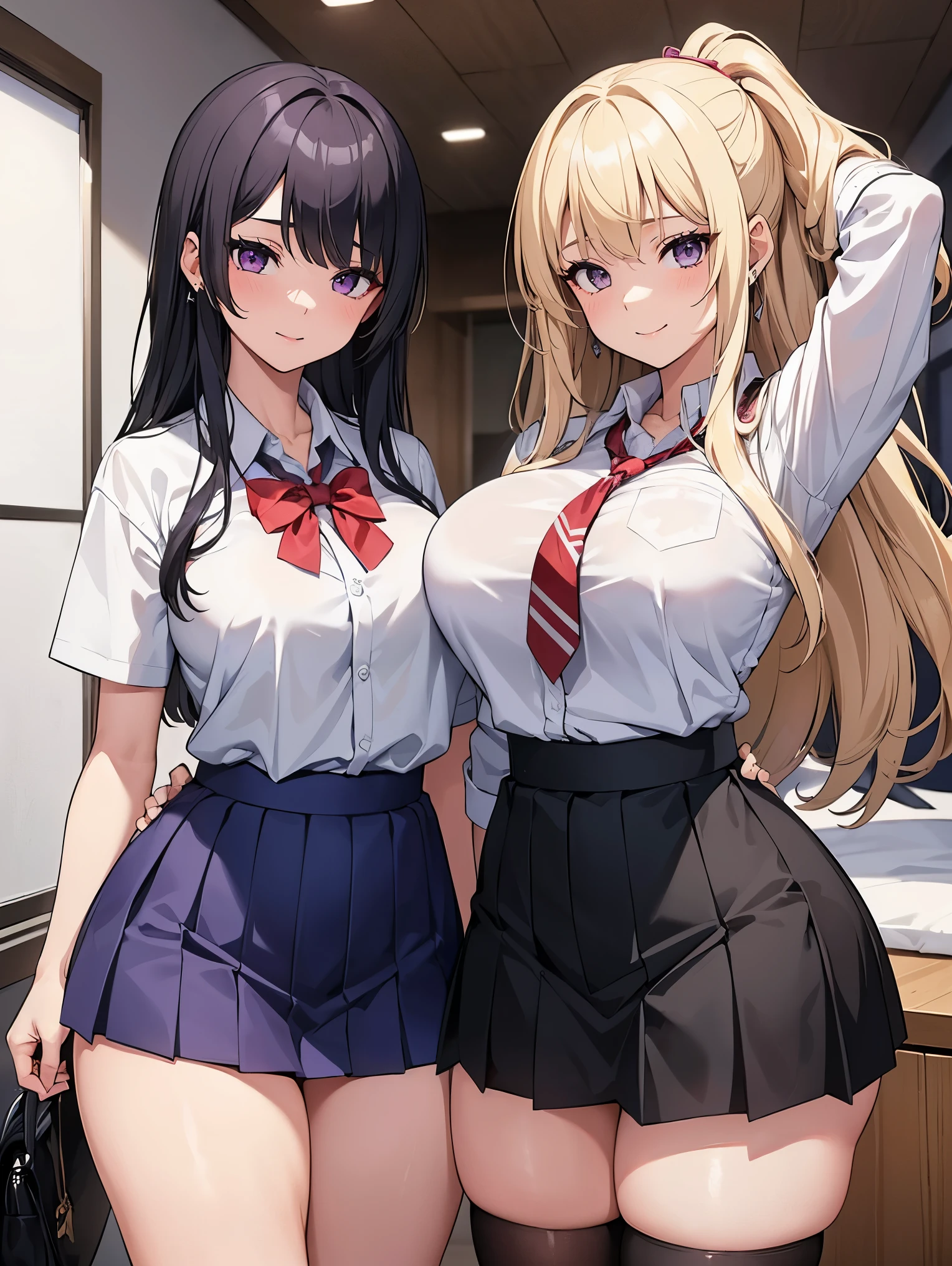 (masterpiece), best quality, (SHARP details), 4k, expressive eyes, SHARP detail expressive eyes, (SHARP detail perfect face), (2 girls), wearing , highschool students, plaited black school skirt, BREAK, (left girl is called Ayane), Ayane: (wearing a highschool shirt, (black school skirt), Ayane has blonde wild hair, Ayane has droopy eyes, ditzy, (huge breasts), hourglass figure, nice hips, wavy hair, voluptuous, Ayane is a blonde gyaru with earrings, 20 years old), BREAK, (right girl is called Mako) Mako: (wearing a highschool uniform, black school skirt, Mako has black hair, sharp eyes, Mako is a black haired honor student, (huge breasts), black hair, voluptuous, wide hips, 20 years old), BREAK, both girls are standing, both are looking at viewer, (inside private home), (bedroom), dumb, sluts, (standing next to each other), smiling, lewd, sluts, (slutty expression), seductive, wearing black school skirt, two slutty girls, bedroom-eyes, offering sex, white school shirt, big hips, curvy, voluptuous, (Ayane and Mako are of equal height), horny,