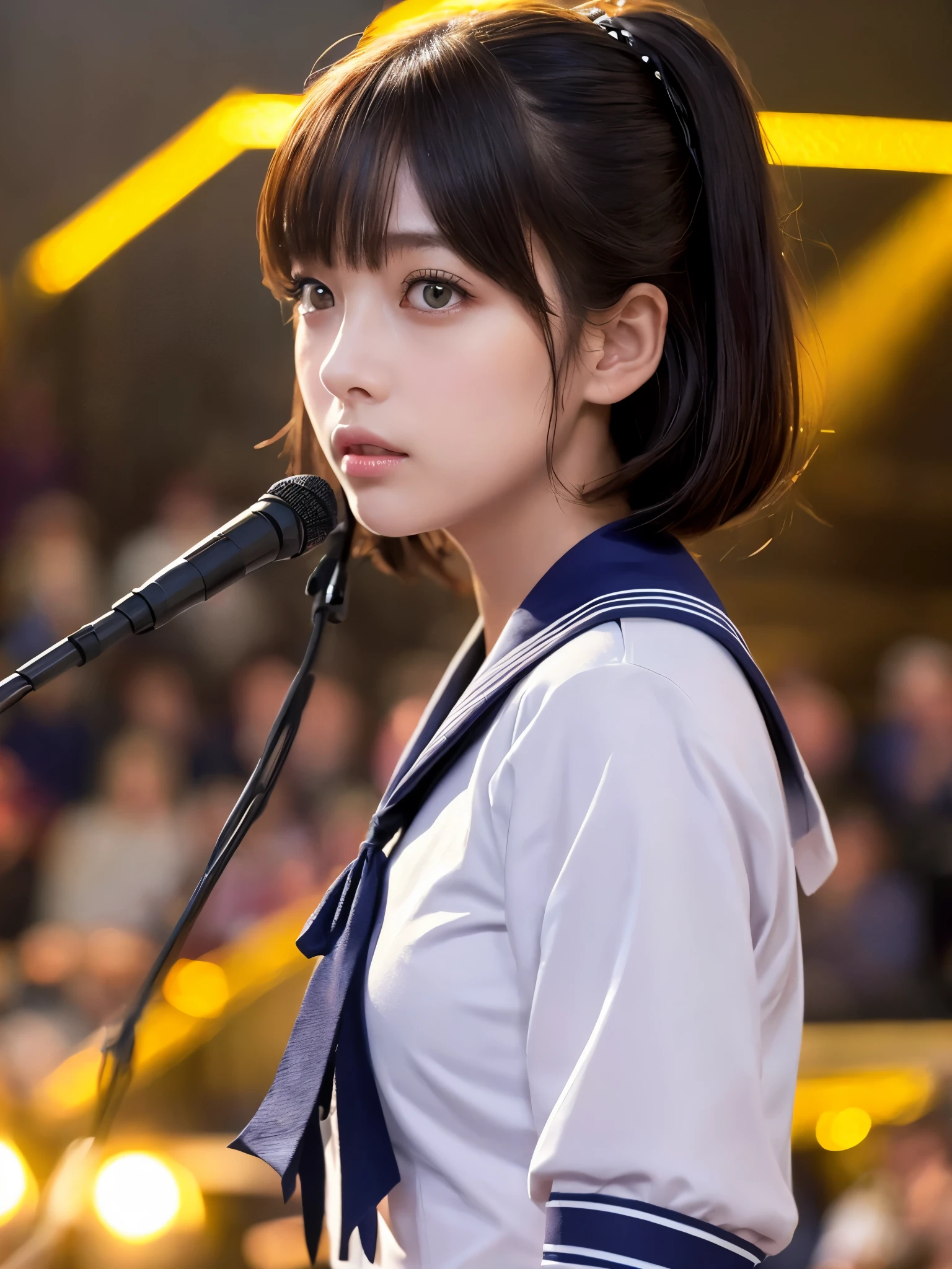 White base with purple-red sailor suit、tulle skirt、23 years old, perform on stage, concert photos, cute core、(bob hair)、(((watching the audience)))、ribbon on head、(自然でdetailed face立ち、beautiful and detailed eyes、beautiful and dense lips、very detailed eyes、detailed face、long eyelashes)(8K resolution)、High resolution、masterpiece:1.2 )、Super detailed、(real、photorealistic、photorealistic: 1.37)、8K、fantastic lighting、bright colors、standing position
