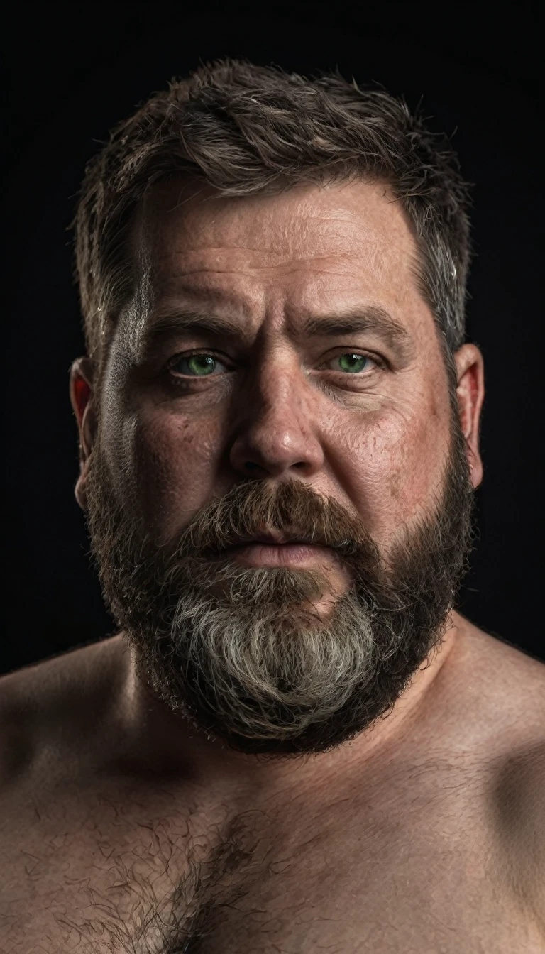 "Capture an 8K, hyperrealistic portrait of a man around 50 years old. He has very short military-style fade haircut, with a rugged beard that gives off a lumberjack vibe. His piercing green eyes gaze directly at the viewer. The scene shows the man from the chest up, revealing his heavily hairy chest and the top of his stomach, showcasing a chubby physique. He is shirtless against a deep black background, with a clear, bright studio lighting effect illuminating evenly across his face and body. The image should focus on the intricate details of his facial features, beard texture, and chest hair, rendered in the hiperrealista style. Drawing inspiration from Greg Rutkowski's photography, maintain a high level of realism while highlighting the man's rugged and natural appearance."