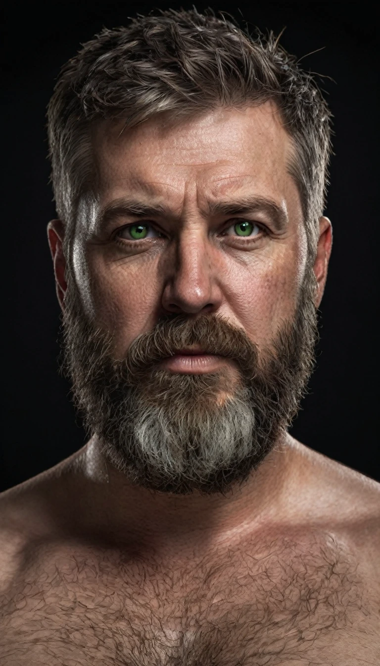 "Capture an 8K, hyperrealistic portrait of a man around 50 years old. He has very short military-style fade haircut, with a rugged beard that gives off a lumberjack vibe. His piercing green eyes gaze directly at the viewer. The scene shows the man from the chest up, revealing his heavily hairy chest and the top of his stomach, showcasing a chubby physique. He is shirtless against a deep black background, with a clear, bright studio lighting effect illuminating evenly across his face and body. The image should focus on the intricate details of his facial features, beard texture, and chest hair, rendered in the hiperrealista style. Drawing inspiration from Greg Rutkowski's photography, maintain a high level of realism while highlighting the man's rugged and natural appearance."