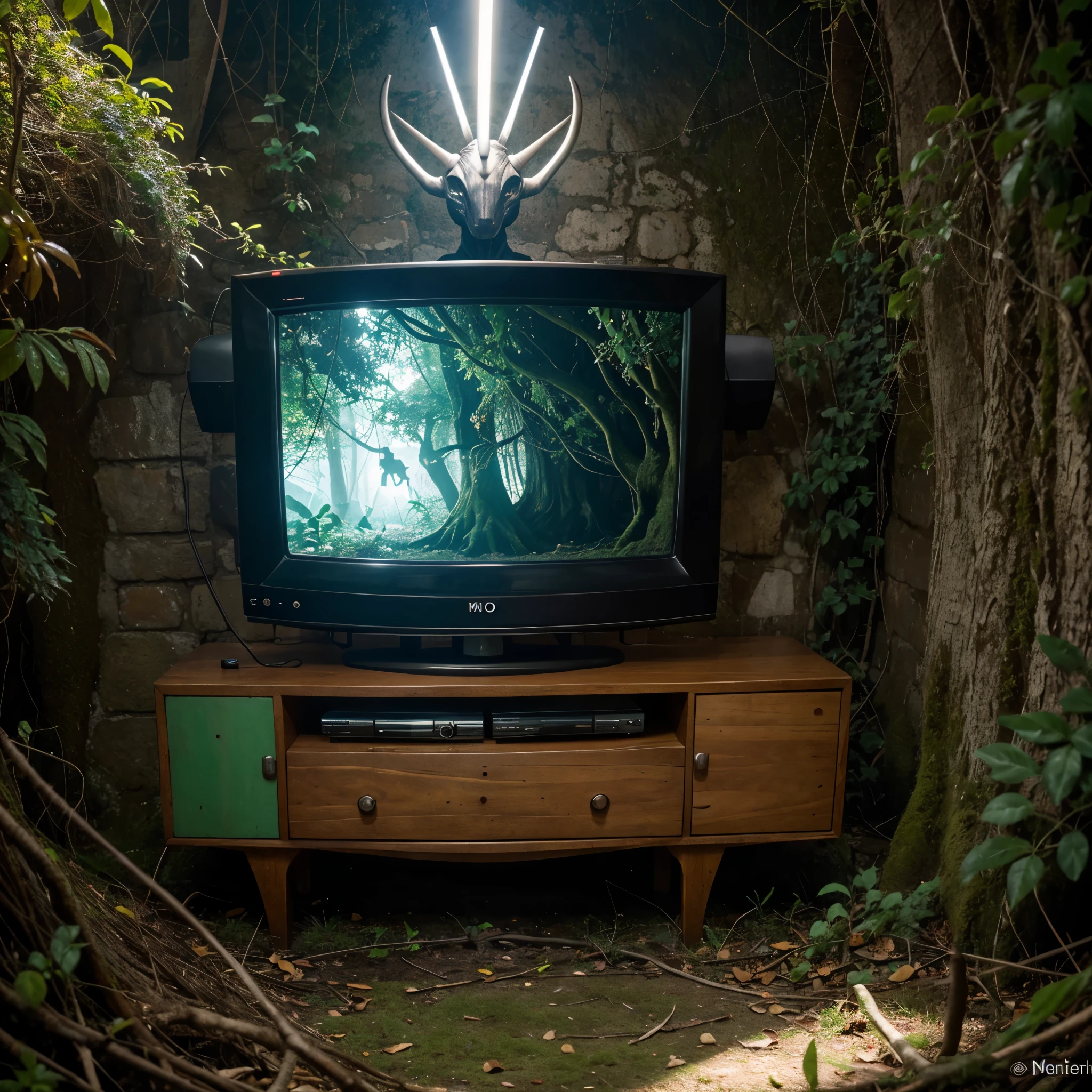 A creature with a TV head, no meio de uma floresta