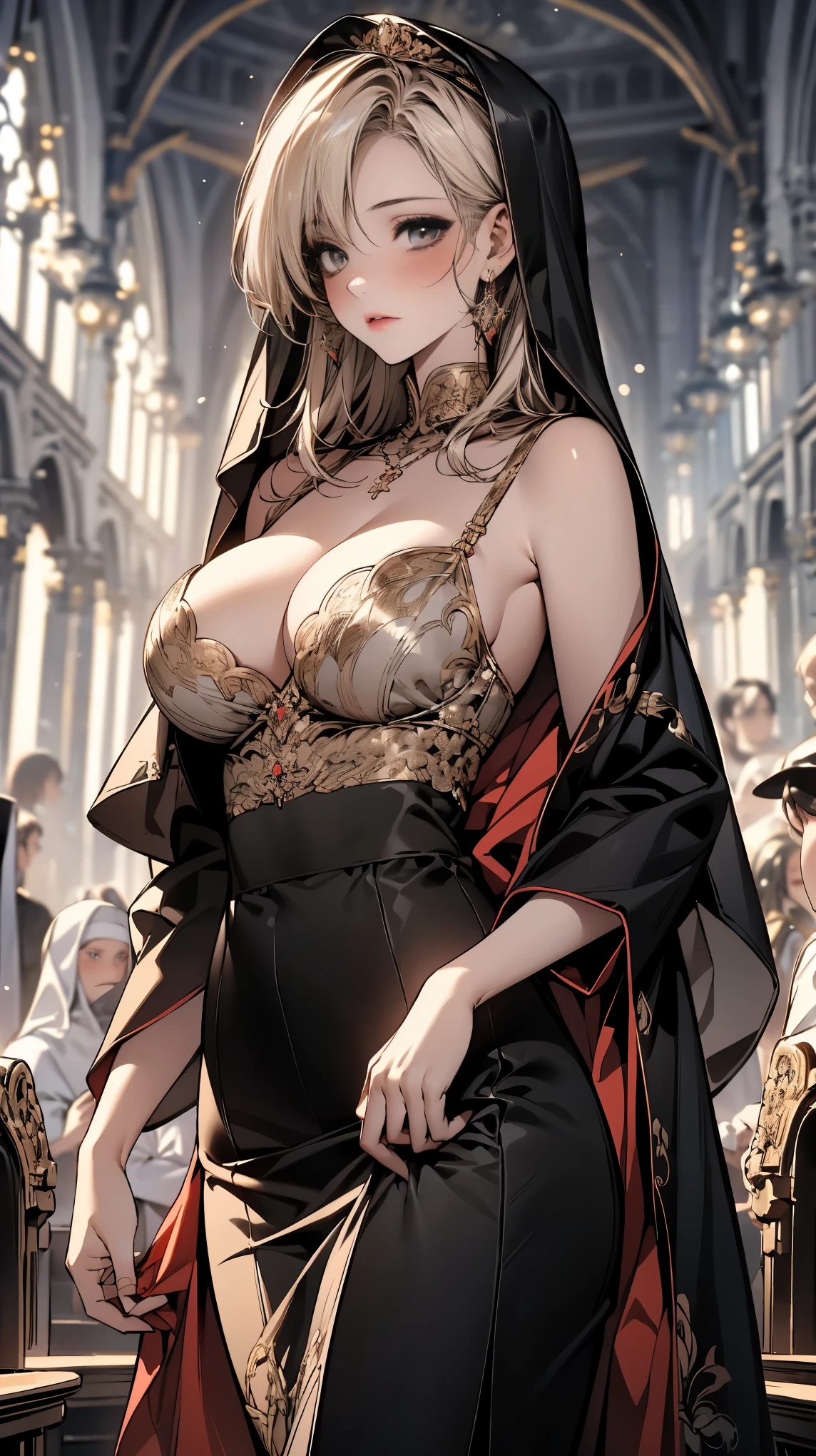 (ultra high resolution, 8k original photo, Photorealistic, thin outline), (movie lighting, Textile shading), (Nun&#39;s scarf with gold ornaments:1.3, gold cross jewelry), (巨big deal乳房, Breast sagging, big deal , cleavage), 1 girl, ((mature woman, milf:1.2)), 20 years old, (bra, Long side slit skirt), Mature saint praying at the altar in church, Working together, dress religious, blush, in hot state, ashamed, looking at the audience, blonde hair, night, Clothes that show off body lines, (Dynamic angle, From the center below), , 