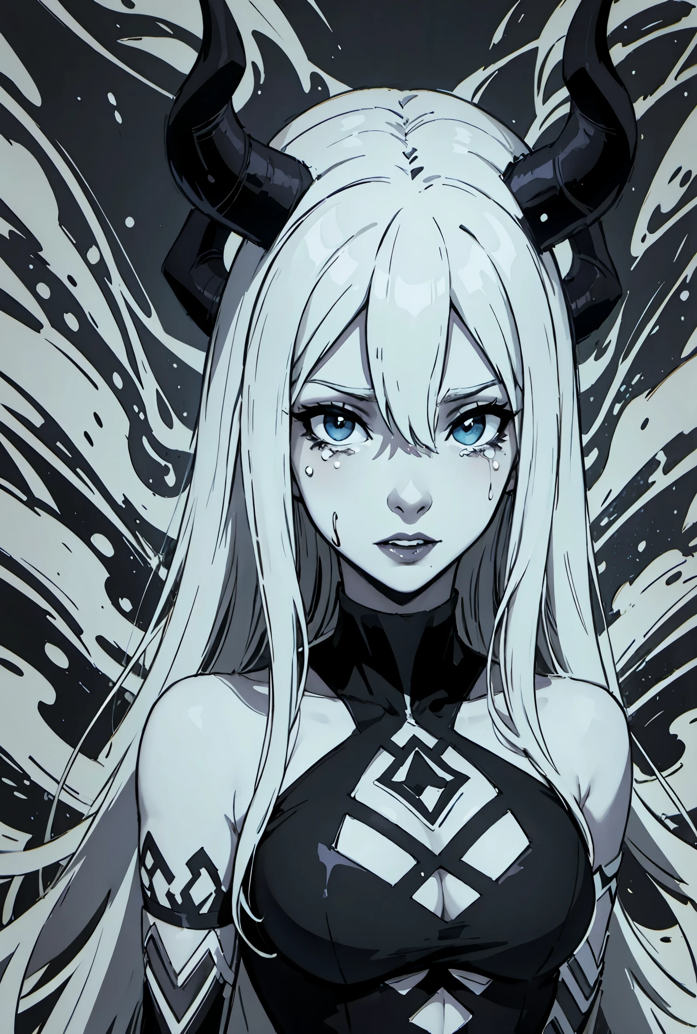 Ambilight, masterpiece, ultra-high quality, (Ultra detailed original illustration), Beautiful Girl, Upper body, Horns, ((Evil Fashion)), Crying Blood, Splash, Blood Dress, (Double Exposure, Fussion of Fluid Abstract art, Glitch, 2D), (Gothic Oiginal illustration composition),( fusion of limited color, Fractal Geometric, Web, Comic Art) , Monochrome, High contrast, Shadows,
